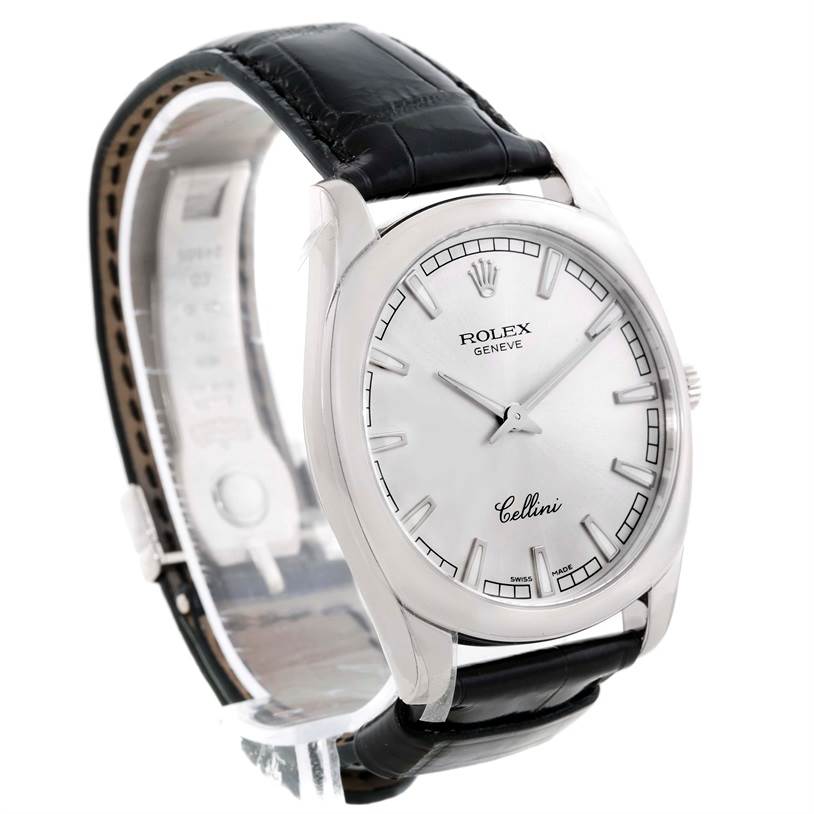 The image shows a Rolex Cellini 4243/8 Men
s White Gold Silver Dial 4243/8 Men
s White Gold Silver Dial watch at an angled view, highlighting the watch face, dial, and leather strap.