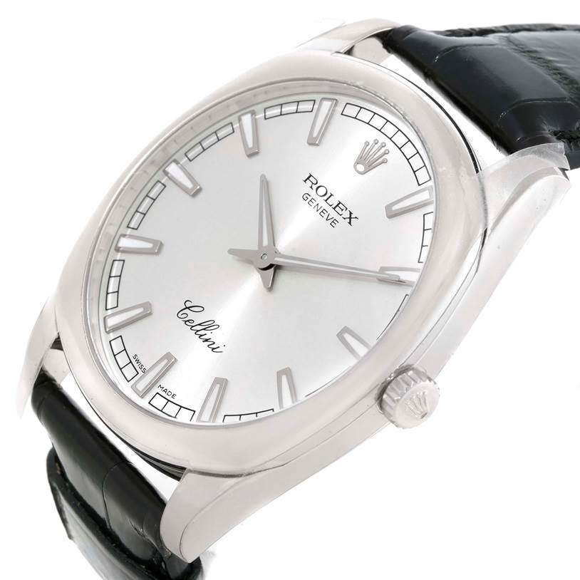 The image shows a close-up view of the Rolex Cellini 4243/8 Men
s White Gold Silver Dial 4243/8 Men
s White Gold Silver Dial watch, focusing on the dial, hands, crown, and part of the leather strap.