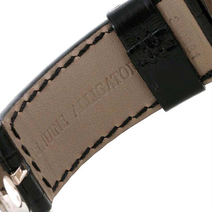 This image shows a close-up view of the leather strap of a Rolex Cellini 4243/8 Men
s White Gold Silver Dial 4243/8 Men
s White Gold Silver Dial watch.