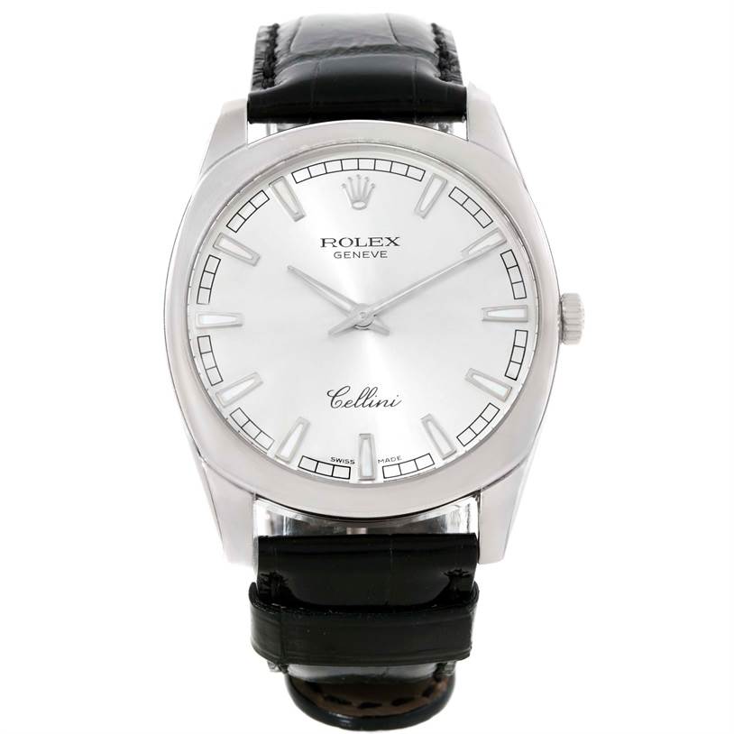 The image shows a front view of a Rolex Cellini 4243/8 Men
s White Gold Silver Dial 4243/8 Men
s White Gold Silver Dial watch, displaying the dial, hands, and leather strap.
