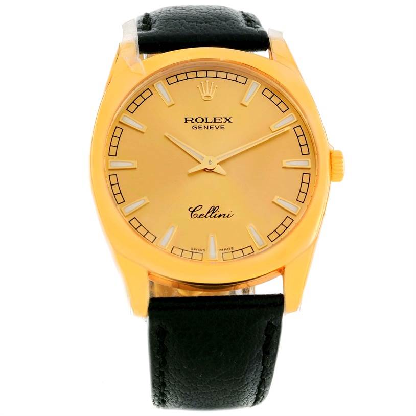 The image shows a Rolex Cellini 4243 Men's Yellow Gold Champagne Dial 4243 Men's Yellow Gold Champagne Dial watch from a front angle, displaying the face and black leather strap.