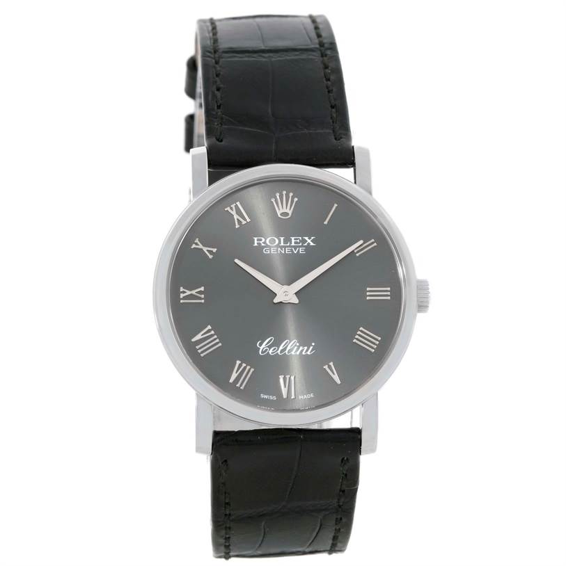 This Rolex Cellini 5115 Men's White Gold Grey Dial 5115 Men's White Gold Grey Dial watch is shown from the front, displaying its face, Roman numeral markers, and leather strap.