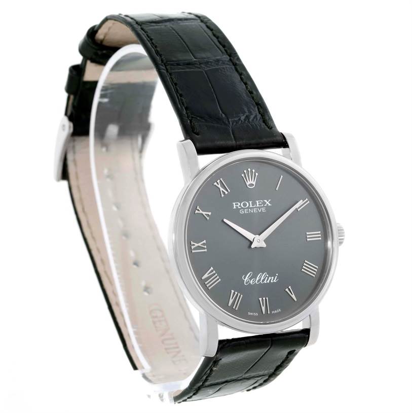 The image shows a Rolex Cellini 5115 Men's White Gold Grey Dial 5115 Men's White Gold Grey Dial watch at a slight angle, displaying the dial, Roman numerals, case, and leather strap.