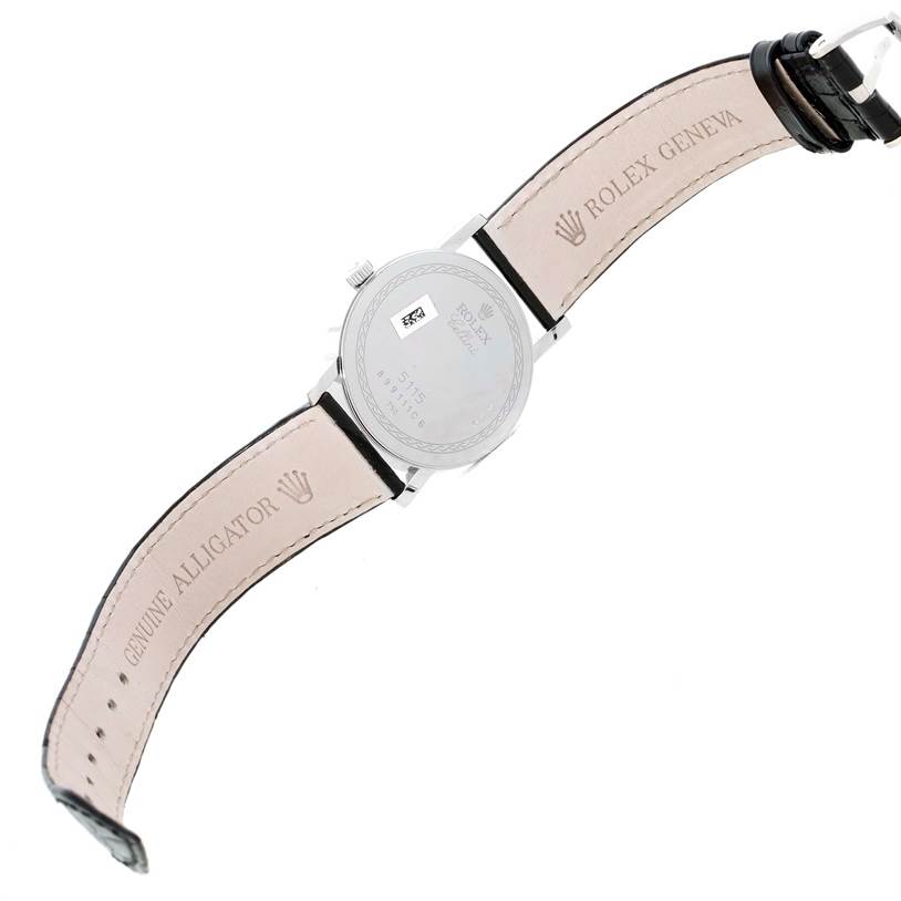 The image shows the back of a Rolex Cellini 5115 Men's White Gold Grey Dial 5115 Men's White Gold Grey Dial watch, highlighting the leather strap marked "ROLEX GENEVA" and "GENUINE ALLIGATOR."