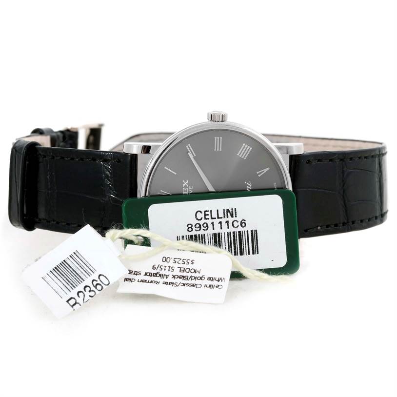 The image shows a Rolex Cellini 5115 Men's White Gold Grey Dial 5115 Men's White Gold Grey Dial watch in a front view with tags and a black leather strap.
