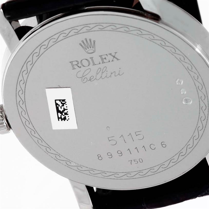 The image shows the back case of a Rolex Cellini 5115 Men's White Gold Grey Dial 5115 Men's White Gold Grey Dial watch, displaying the brand name, model number, and serial number.