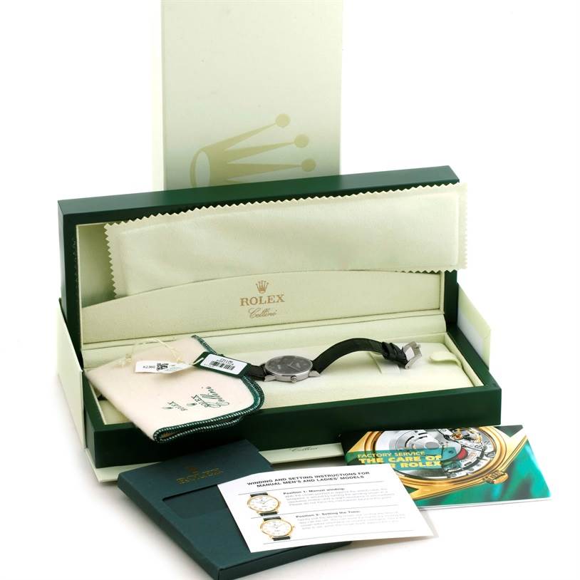 The image shows a Rolex Cellini 5115 Men's White Gold Grey Dial 5115 Men's White Gold Grey Dial watch at a slight angle, displayed with its original box, booklet, and protective cloth.