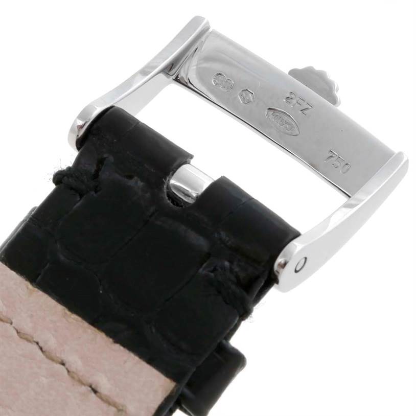 The image shows the clasp and part of the leather strap of a Rolex Cellini 5115 Men's White Gold Grey Dial 5115 Men's White Gold Grey Dial watch from a close-up angle.