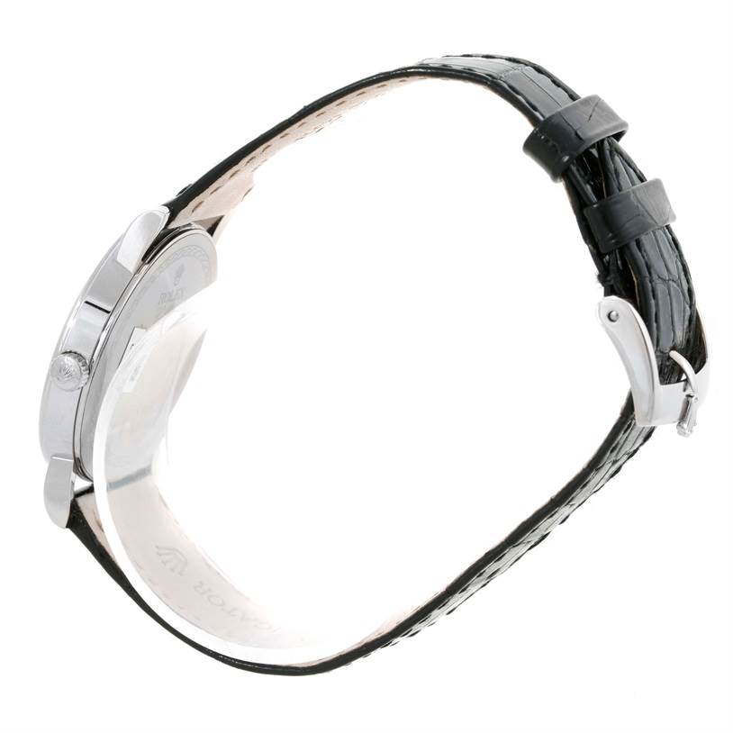 The image shows a side view of a Rolex Cellini 5115 Men's White Gold Grey Dial 5115 Men's White Gold Grey Dial watch, displaying its profile, crown, and leather strap with buckle.