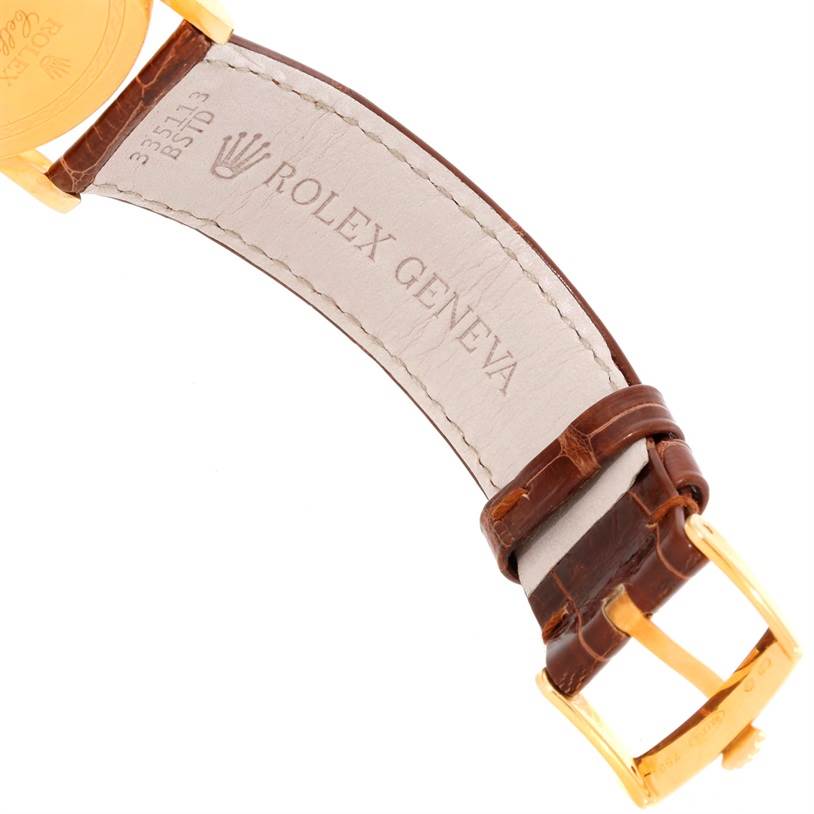 This image shows the inside view of the leather strap and buckle of a Rolex Cellini 5115 Men
s Yellow Gold Champagne Dial 5115 Men
s Yellow Gold Champagne Dial watch.