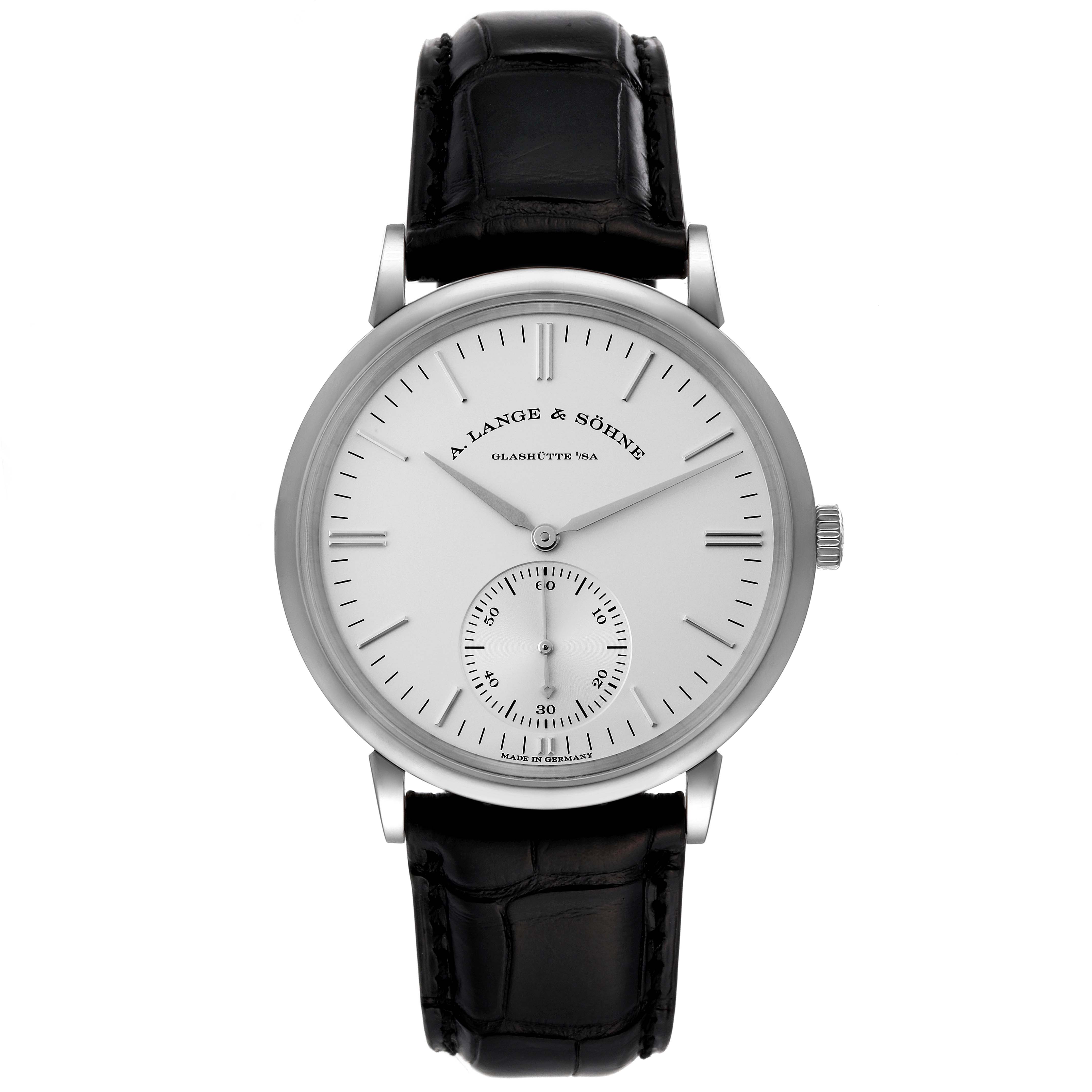 This image shows a front view of the Saxonia model by A. Lange & Söhne, highlighting its face, hour markers, hands, and leather strap.