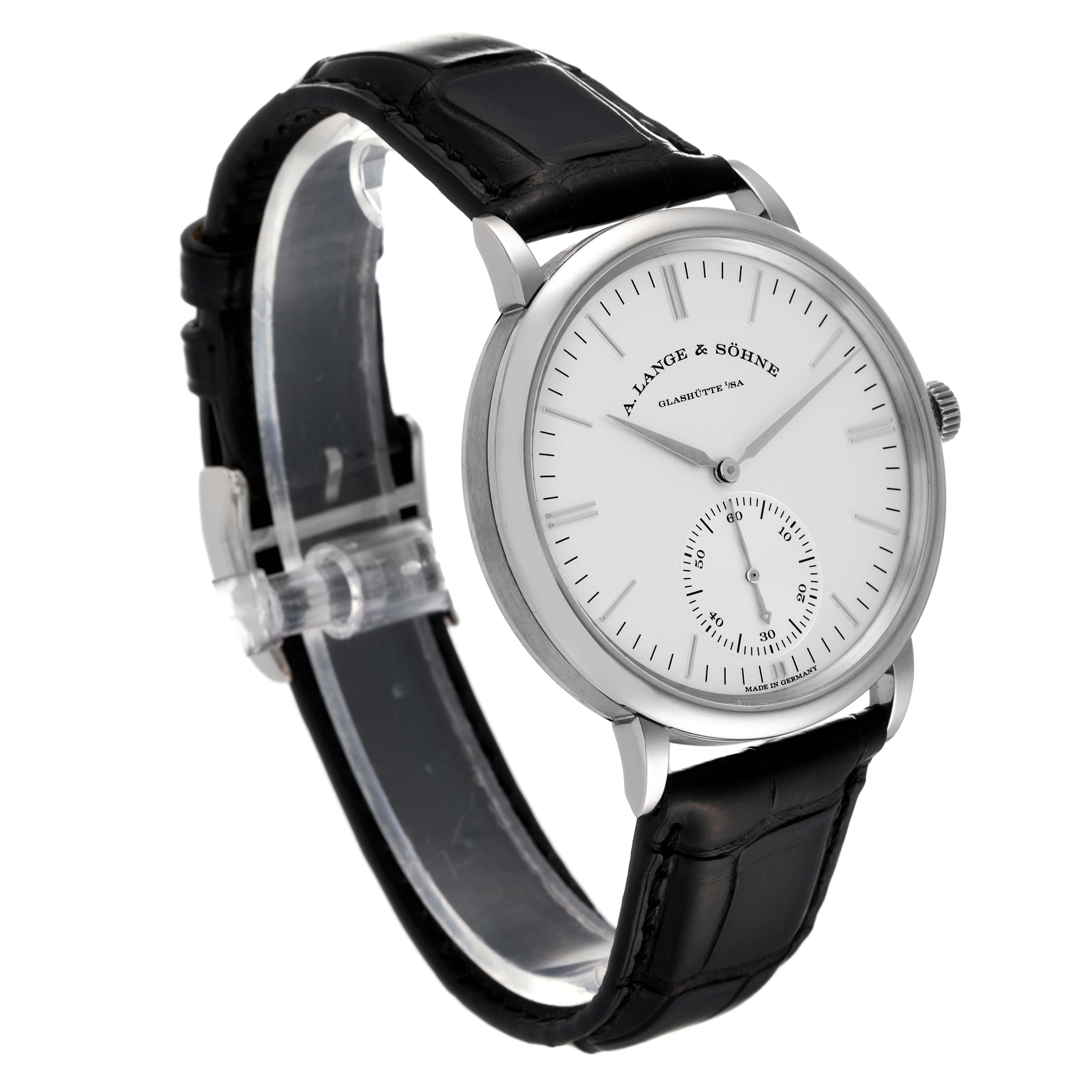 This image shows a side angle of the Saxonia model watch by A. Lange & Sohne, featuring its face, black leather strap, and case.