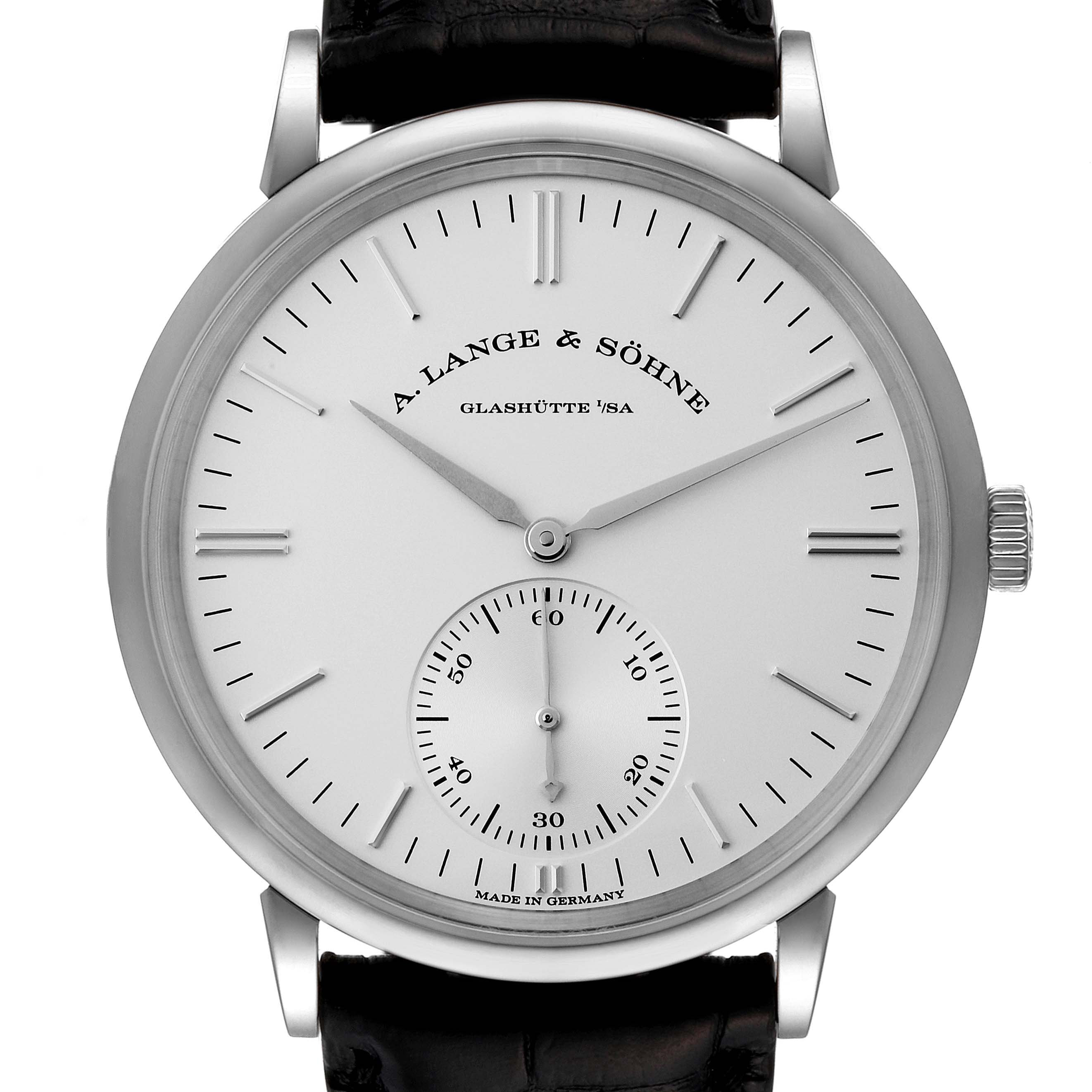 This image shows a frontal view of the A. Lange & Sohne Saxonia 380.027 Men's White Gold Silver Dial watch, highlighting the dial, hands, crown, and strap attachment points.