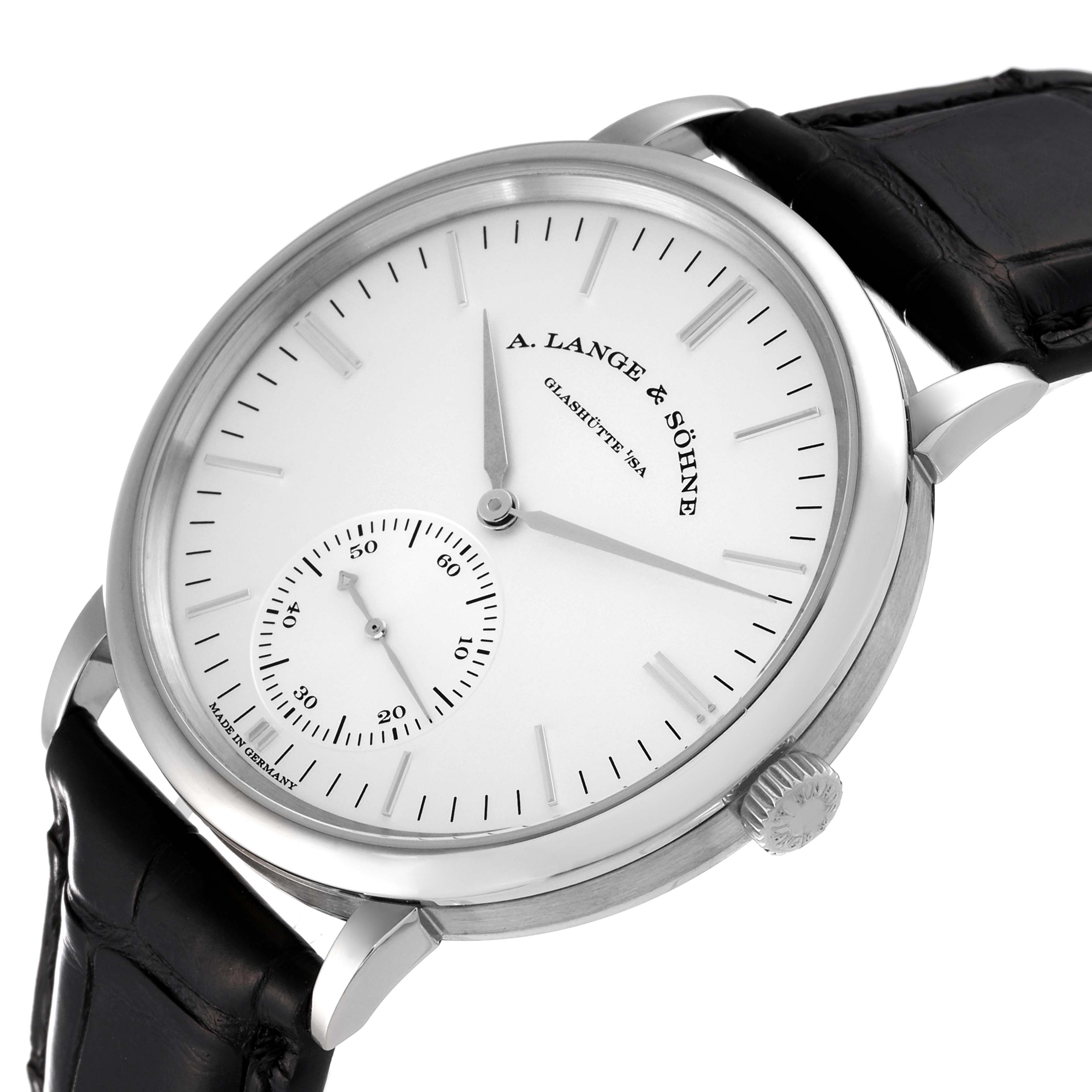 This image shows a frontal view of the A. Lange & Sohne Saxonia 380.027 Men's White Gold Silver Dial watch, featuring its dial, hands, and black leather strap.