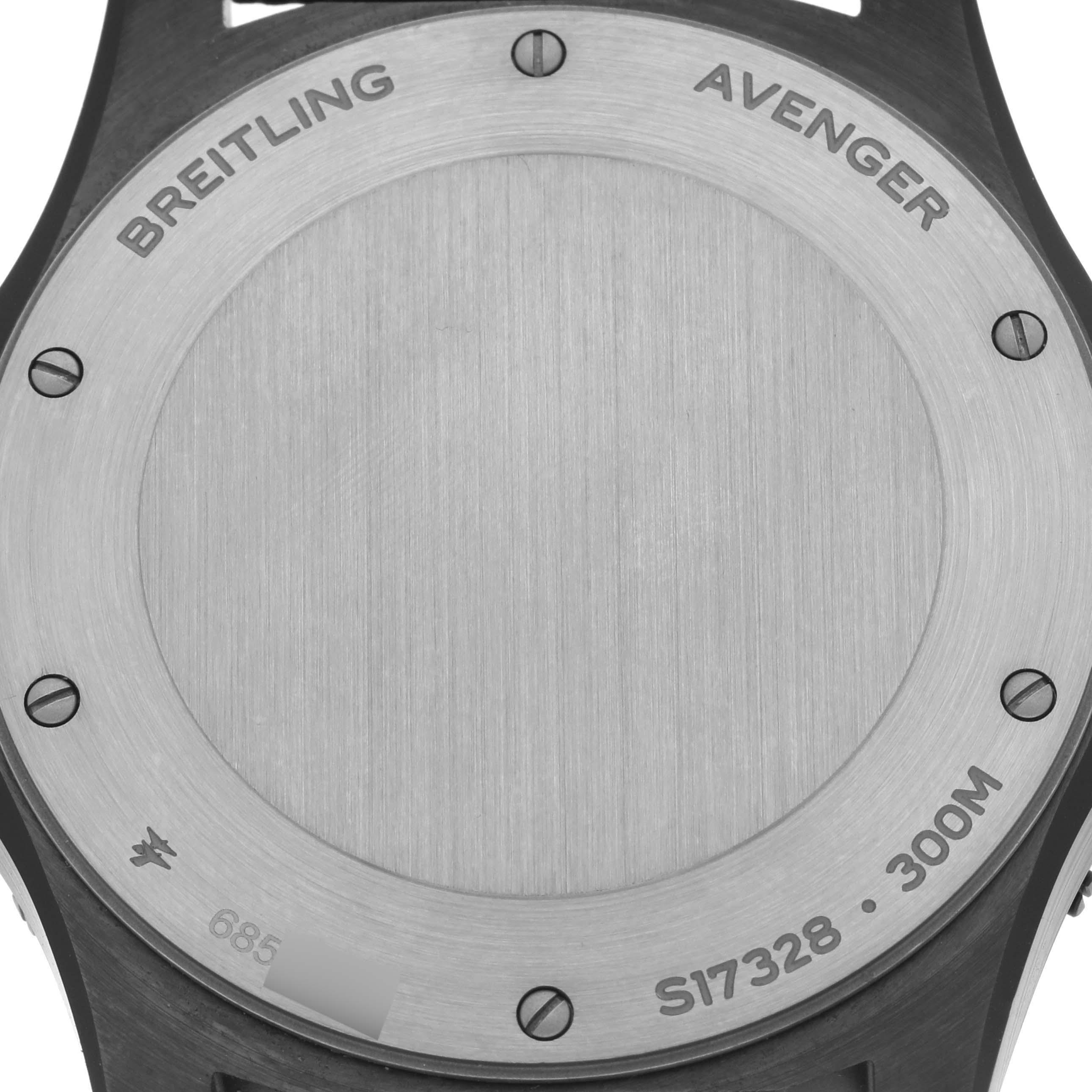 The image shows the back case of a Breitling Avenger S17328 Men's Ceramic Black Dial S17328 Men's Ceramic Black Dial watch with model and water resistance details.