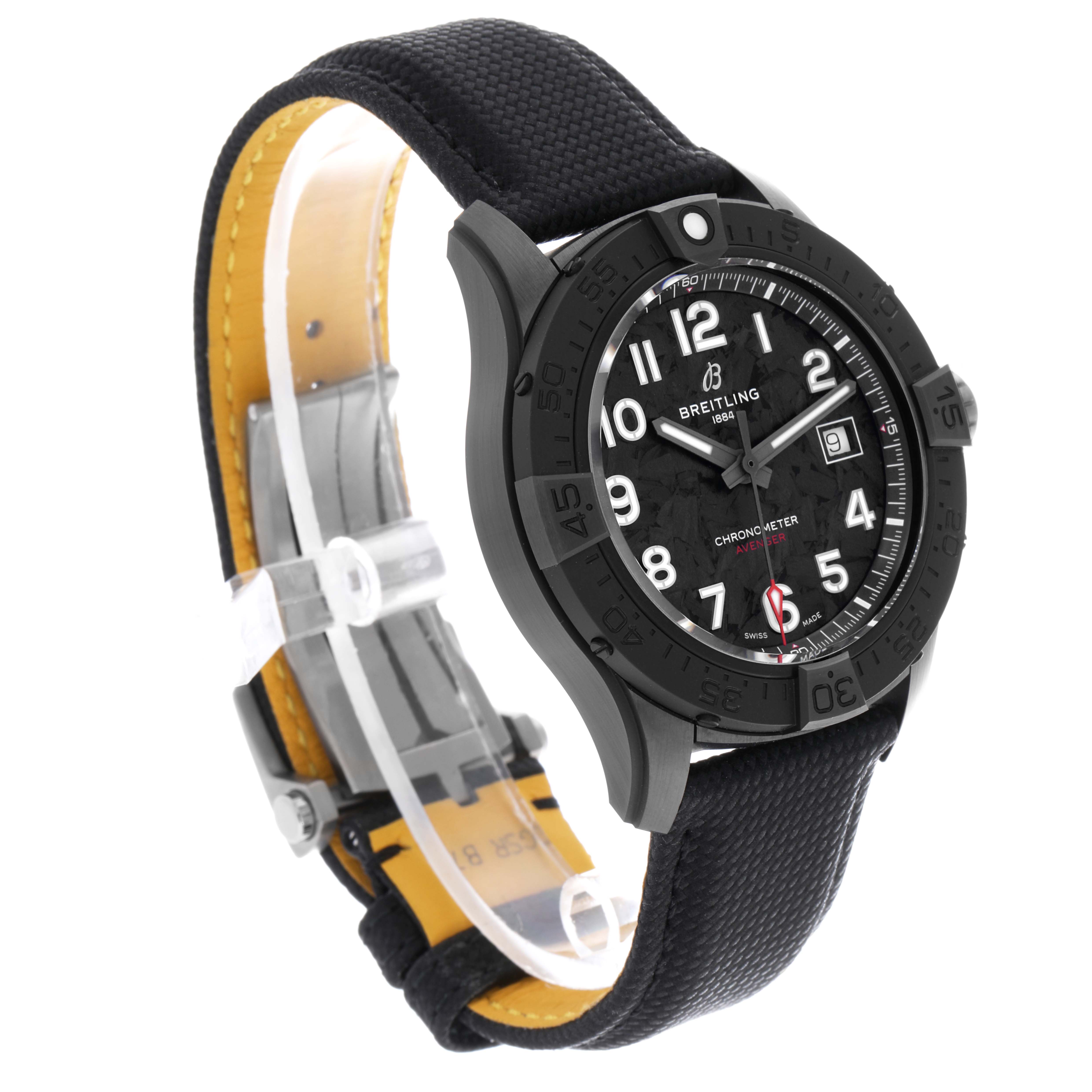 The Breitling Avenger S17328 Men's Ceramic Black Dial S17328 Men's Ceramic Black Dial watch is shown at an angled side view, displaying its face, case, and part of the strap.