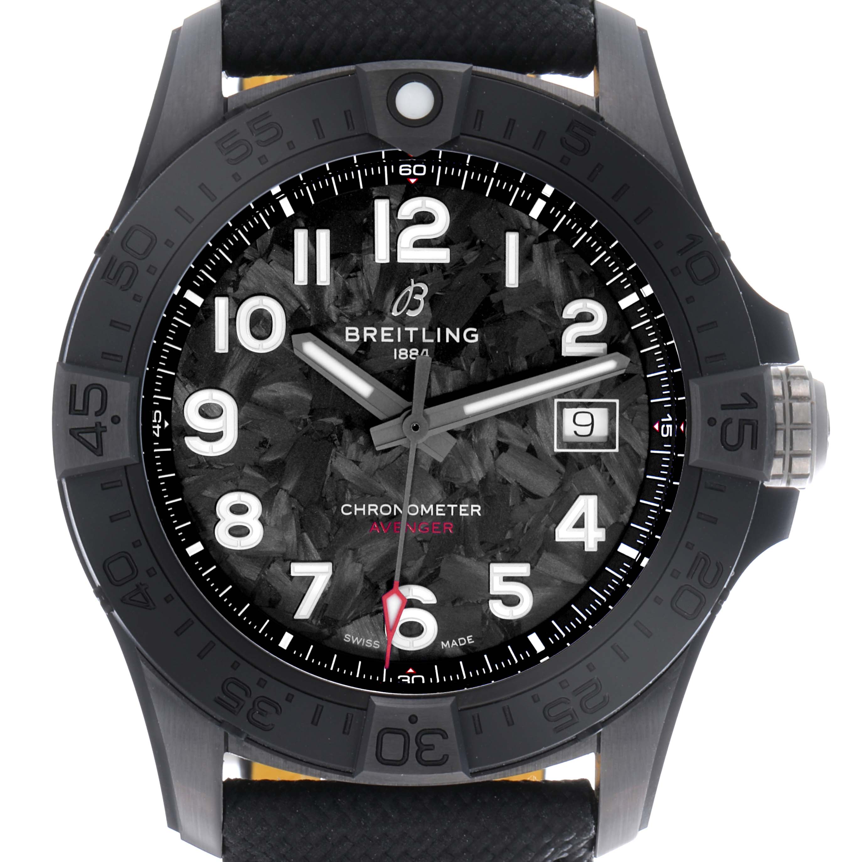 The Breitling Avenger S17328 Men's Ceramic Black Dial S17328 Men's Ceramic Black Dial watch is shown from a front angle, displaying the face, bezel, and parts of the strap and crown.