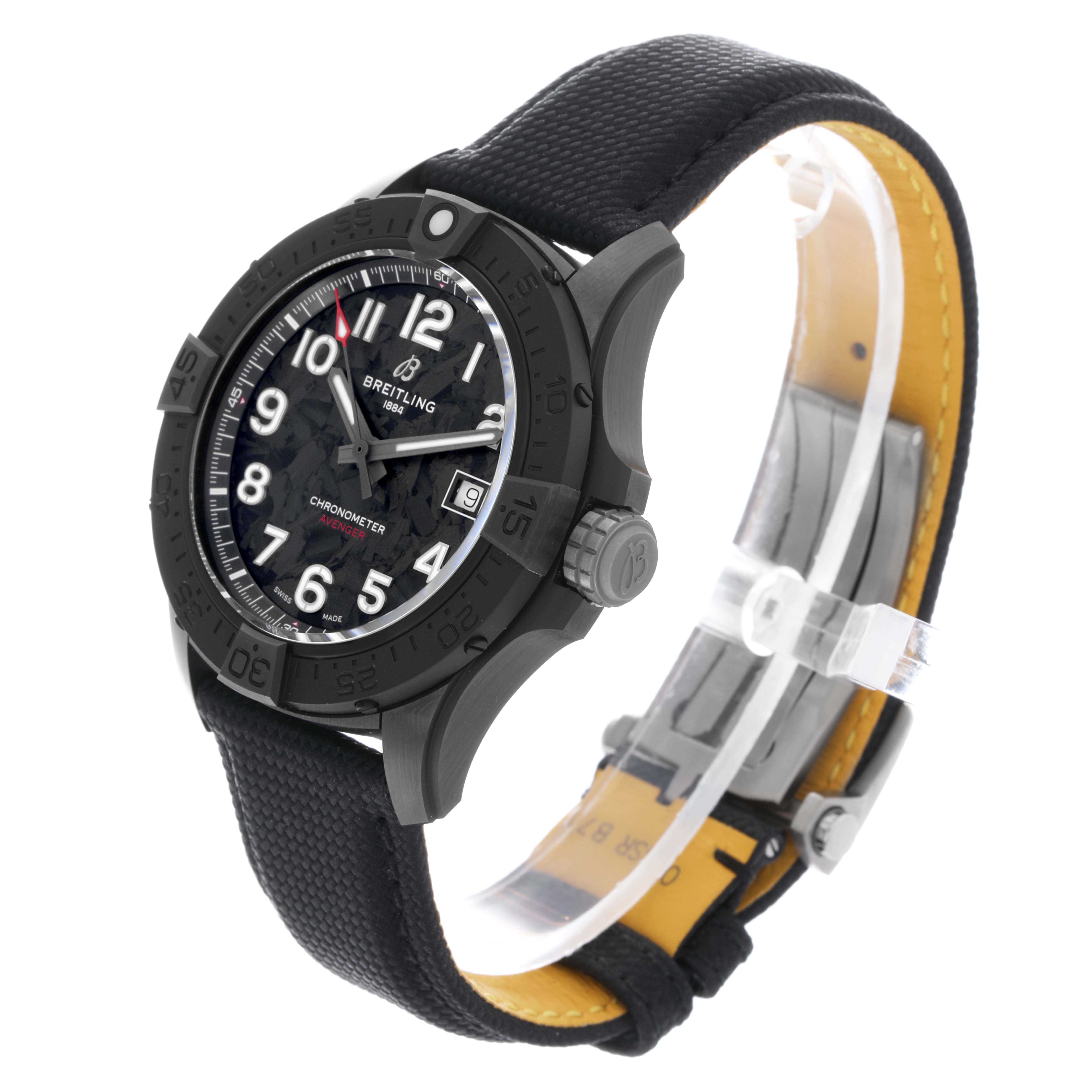 The Breitling Avenger S17328 Men's Ceramic Black Dial S17328 Men's Ceramic Black Dial watch is shown at a 3/4 angle, highlighting the face, bezel, crown, and strap.