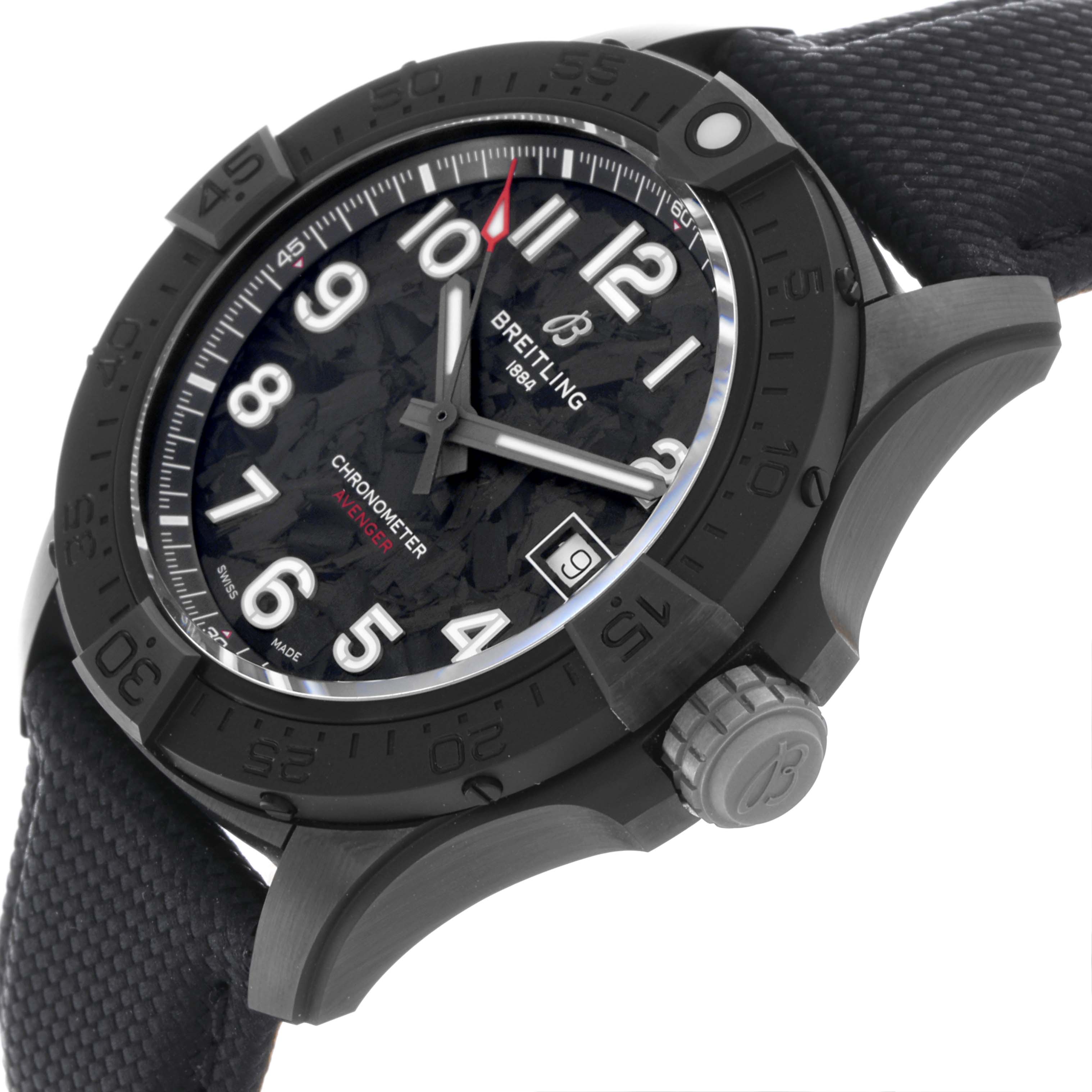The Breitling Avenger S17328 Men's Ceramic Black Dial S17328 Men's Ceramic Black Dial watch is shown at a tilted angle, highlighting its bezel, dial, and strap details.