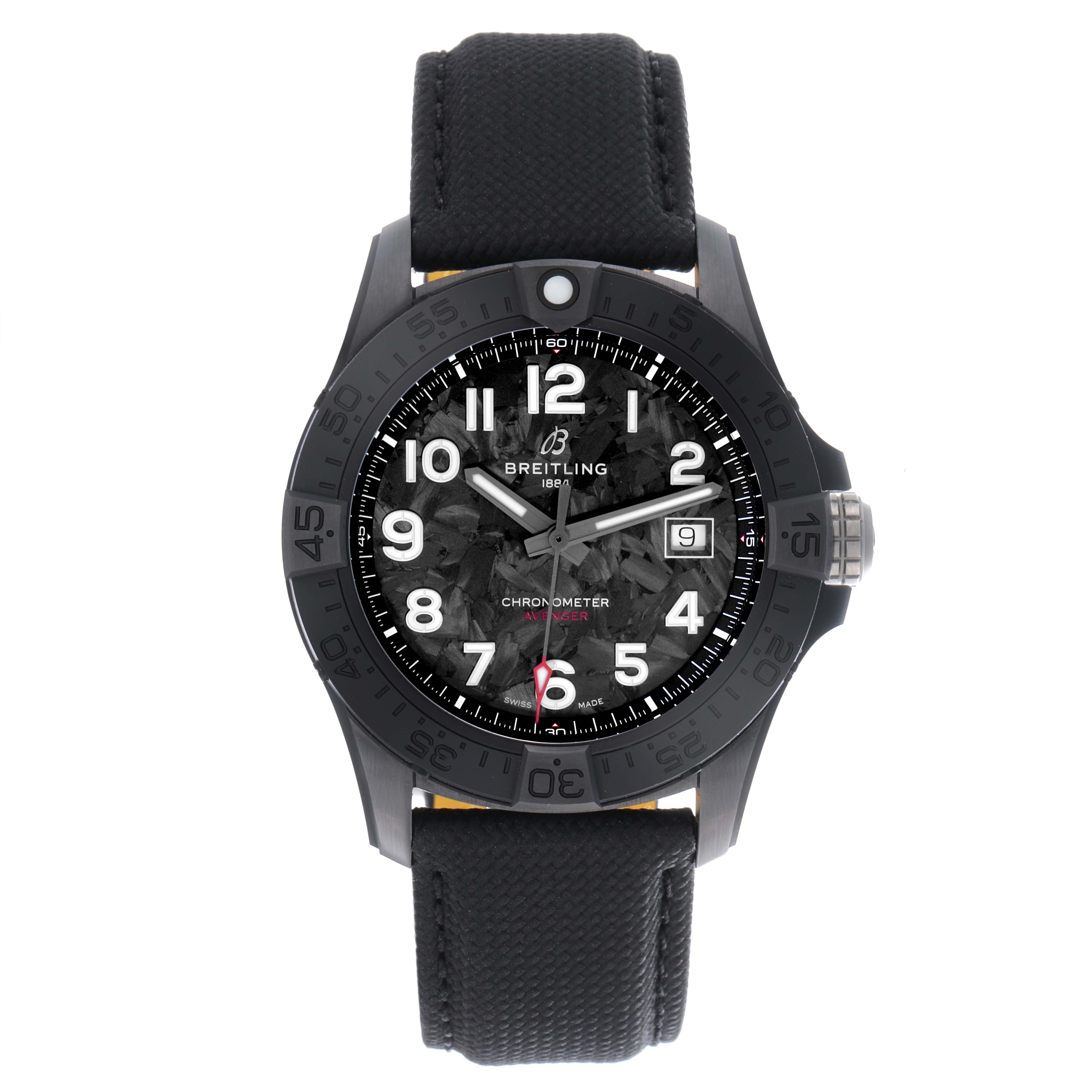 The Breitling Avenger S17328 Men's Ceramic Black Dial S17328 Men's Ceramic Black Dial watch is shown in a front-facing view, displaying the dial, bezel, and strap.