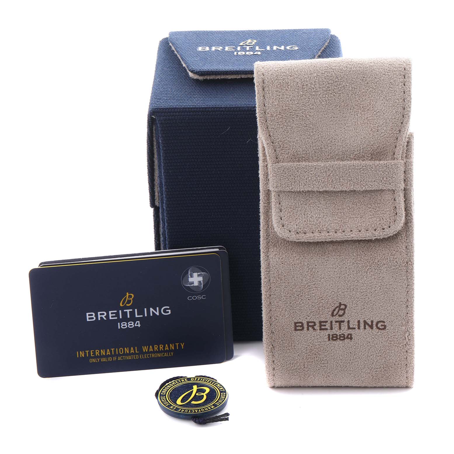 The image shows the Breitling Avenger S17328 Men's Ceramic Black Dial S17328 Men's Ceramic Black Dial packaging, warranty card, and tag from a frontal angle.