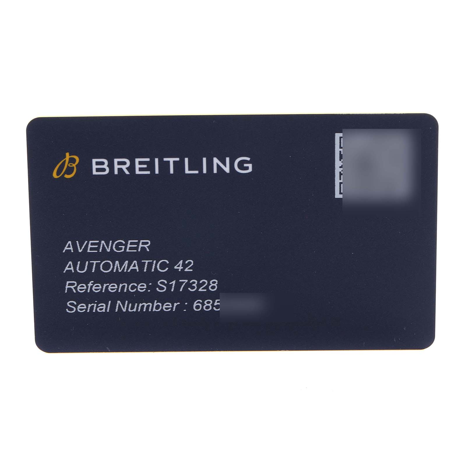 This image shows a Breitling Avenger S17328 Men's Ceramic Black Dial S17328 Men's Ceramic Black Dial warranty card with model and serial information.