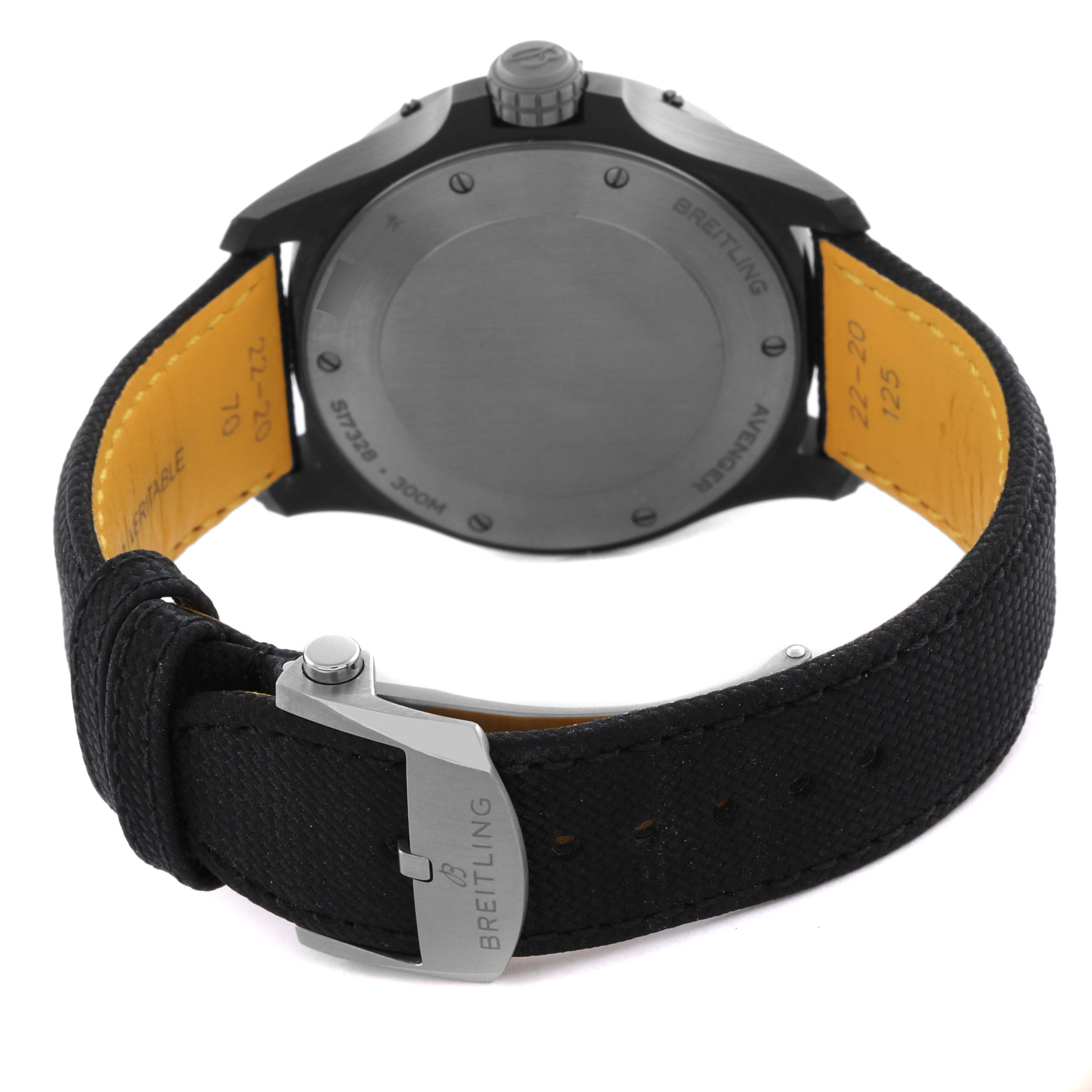 The image shows the back of the Breitling Avenger S17328 Men's Ceramic Black Dial S17328 Men's Ceramic Black Dial watch, featuring the case back, crown, and strap with buckle.