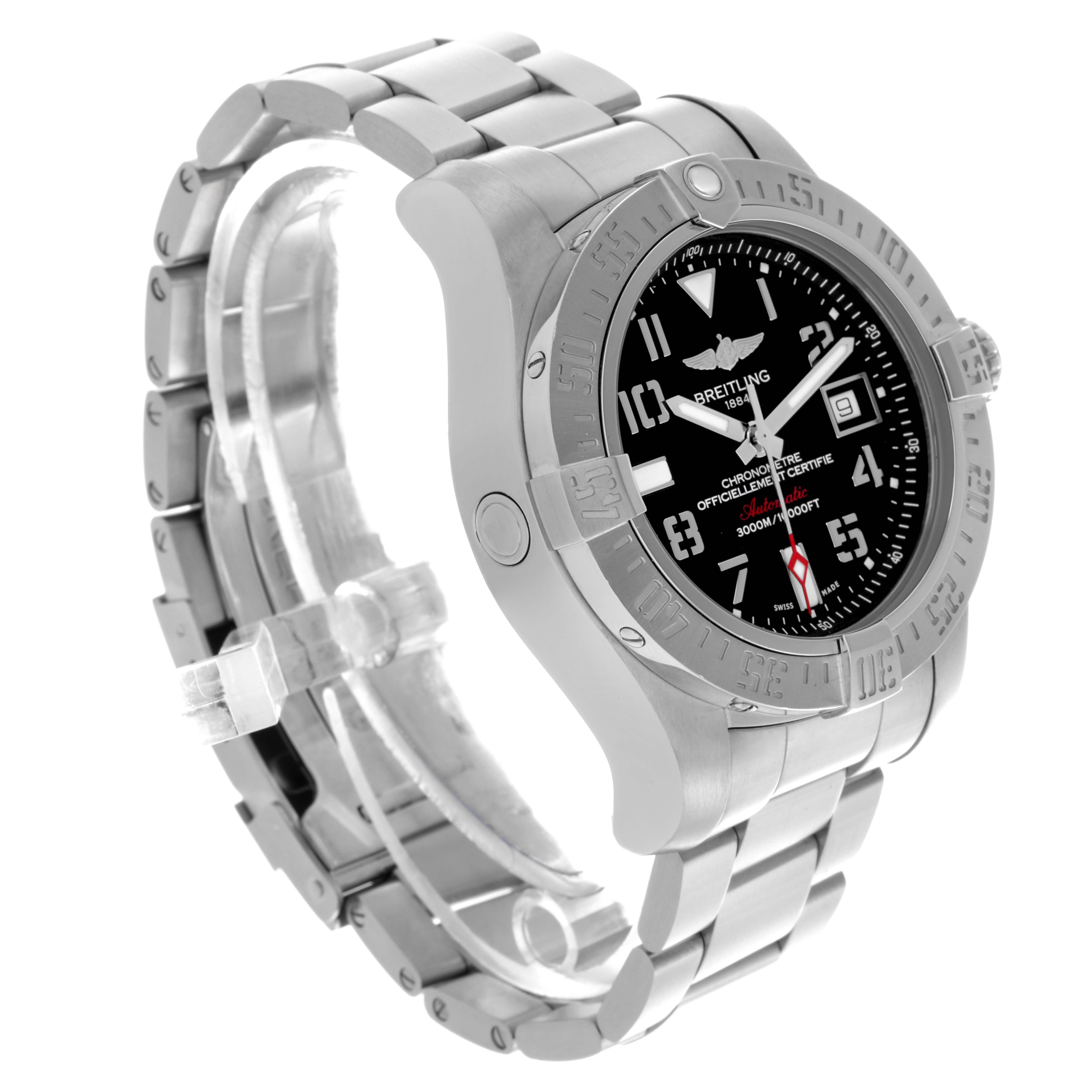 The Breitling Avenger A1733110/BC31 Men's Stainless Steel Black Dial A1733110/BC31 Men's Stainless Steel Black Dial watch is shown at an angled side view, highlighting the bezel, dial, crown, and metal bracelet.