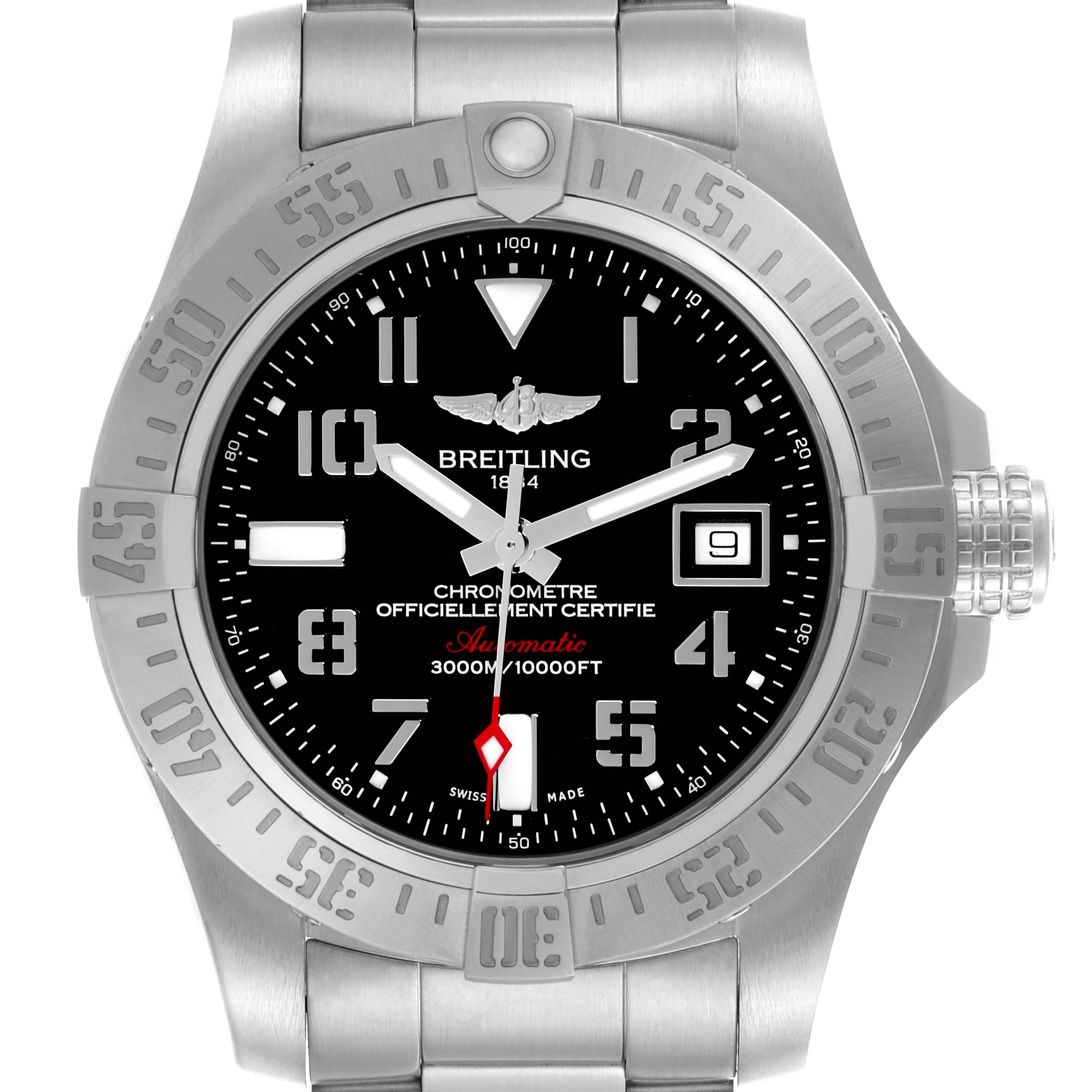 The Breitling Avenger A1733110/BC31 Men's Stainless Steel Black Dial A1733110/BC31 Men's Stainless Steel Black Dial watch is shown from a front angle, highlighting its dial, bezel, crown, and part of the bracelet.