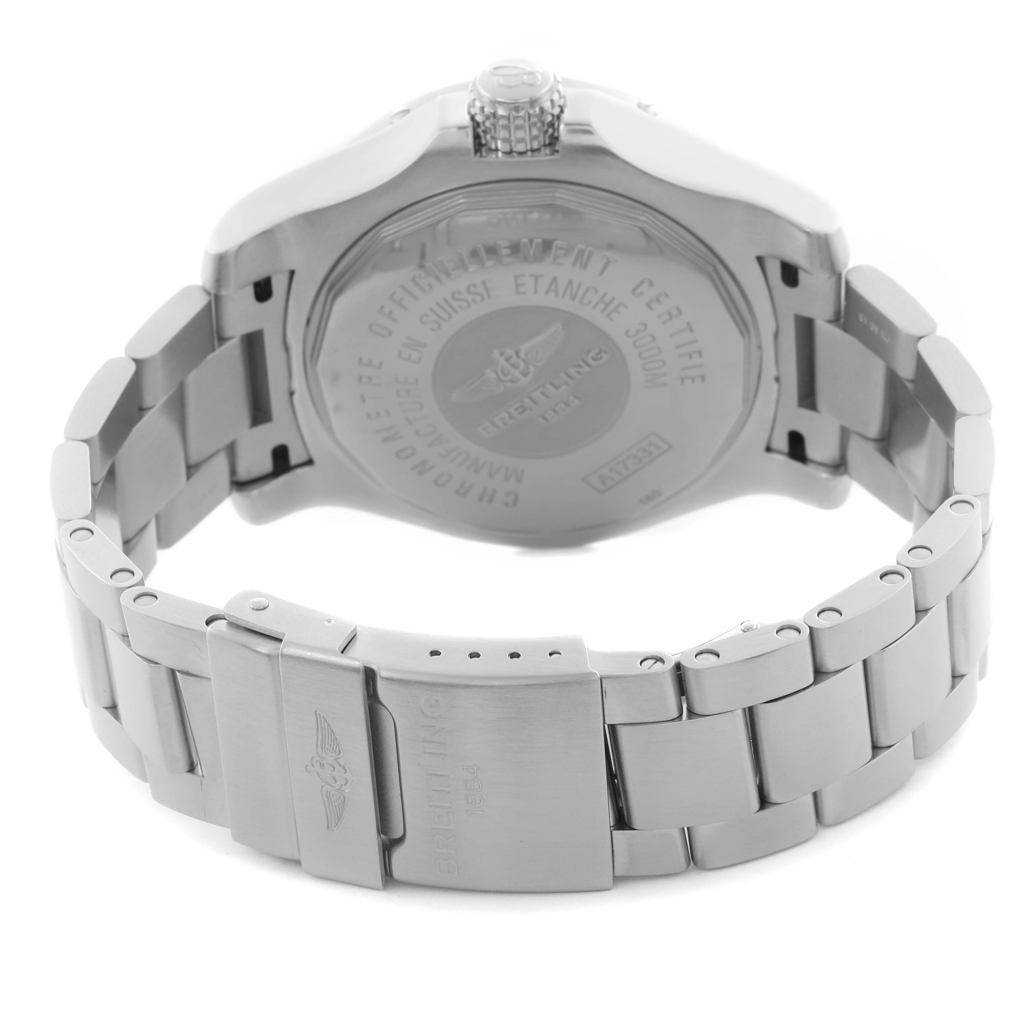 The image shows the back view of the Breitling Avenger A1733110/BC31 Men's Stainless Steel Black Dial A1733110/BC31 Men's Stainless Steel Black Dial watch, focusing on the case back, bracelet, and clasp.