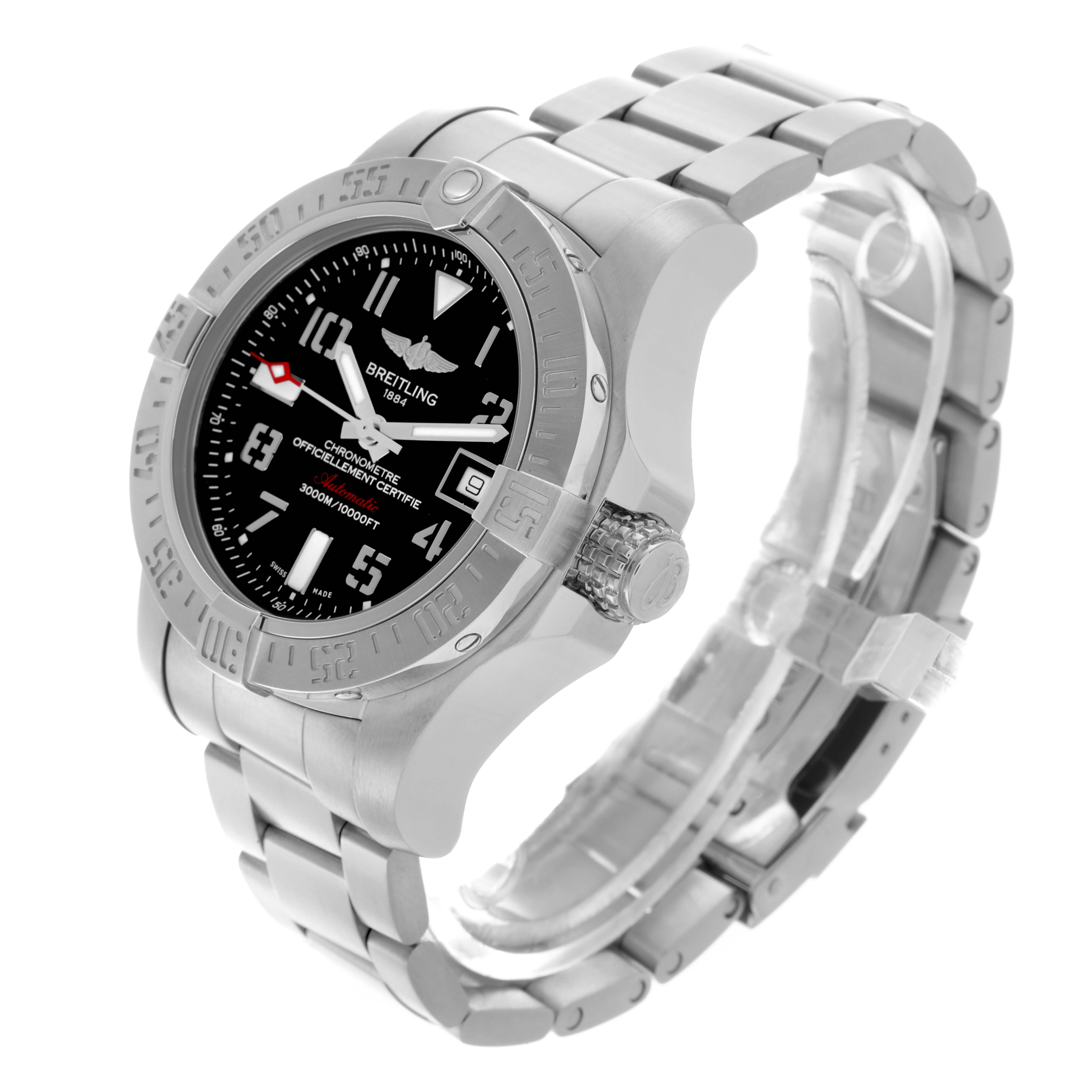 The Breitling Avenger A1733110/BC31 Men's Stainless Steel Black Dial A1733110/BC31 Men's Stainless Steel Black Dial watch is shown at an angle highlighting the face, bezel, crown, and bracelet.