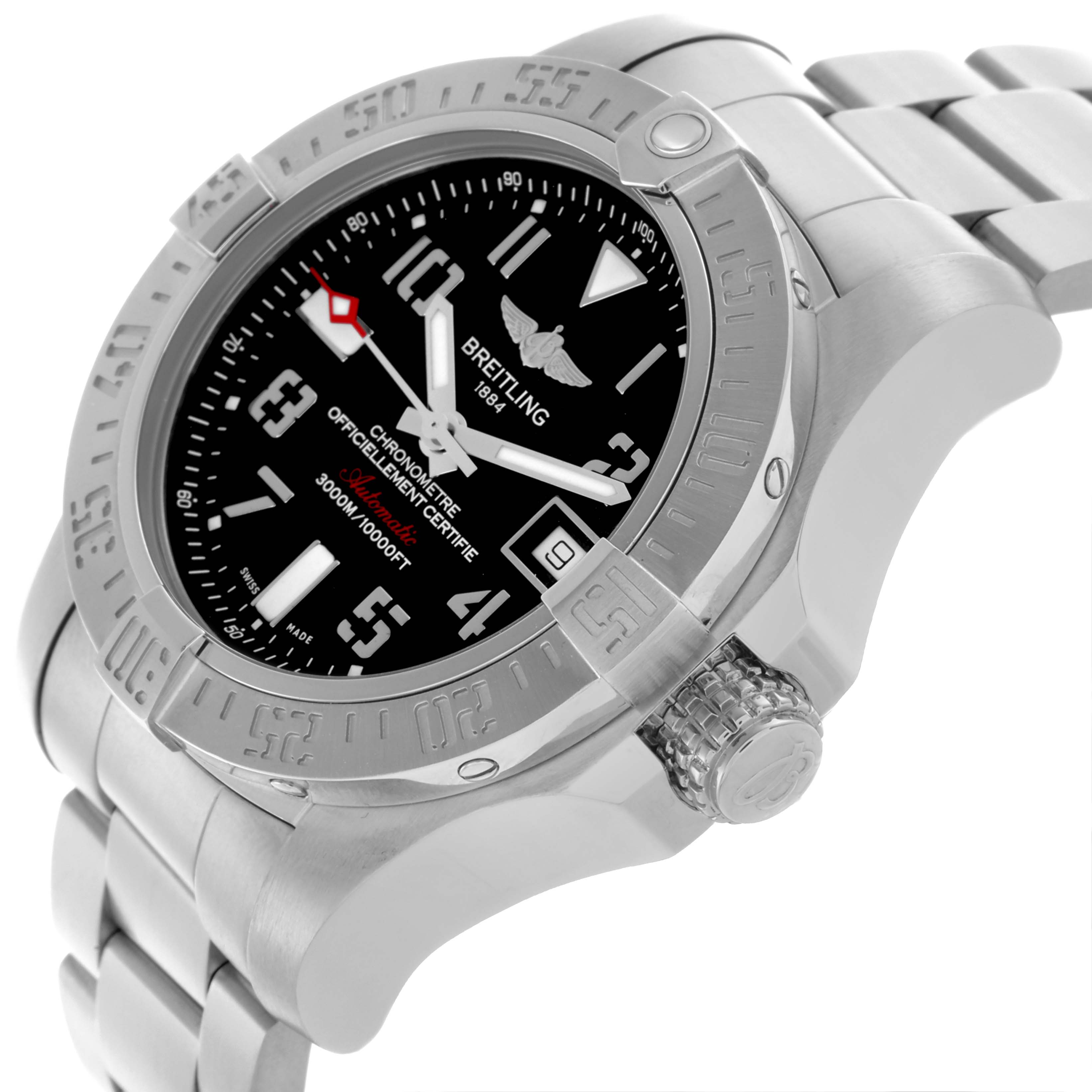 The Breitling Avenger A1733110/BC31 Men's Stainless Steel Black Dial A1733110/BC31 Men's Stainless Steel Black Dial watch is shown from an angled side view, highlighting the dial, bezel, crown, and bracelet.