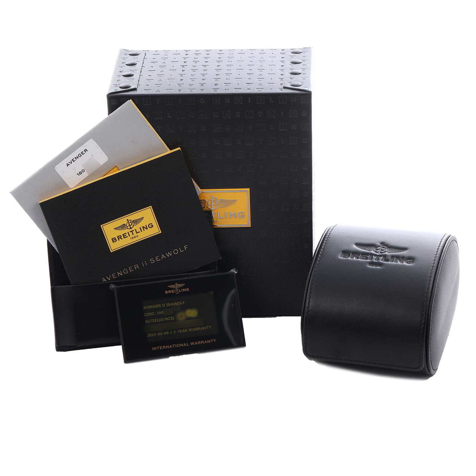The image shows the Breitling Avenger A1733110/BC31 Men's Stainless Steel Black Dial A1733110/BC31 Men's Stainless Steel Black Dial model packaging, including a box, manuals, and a watch case.