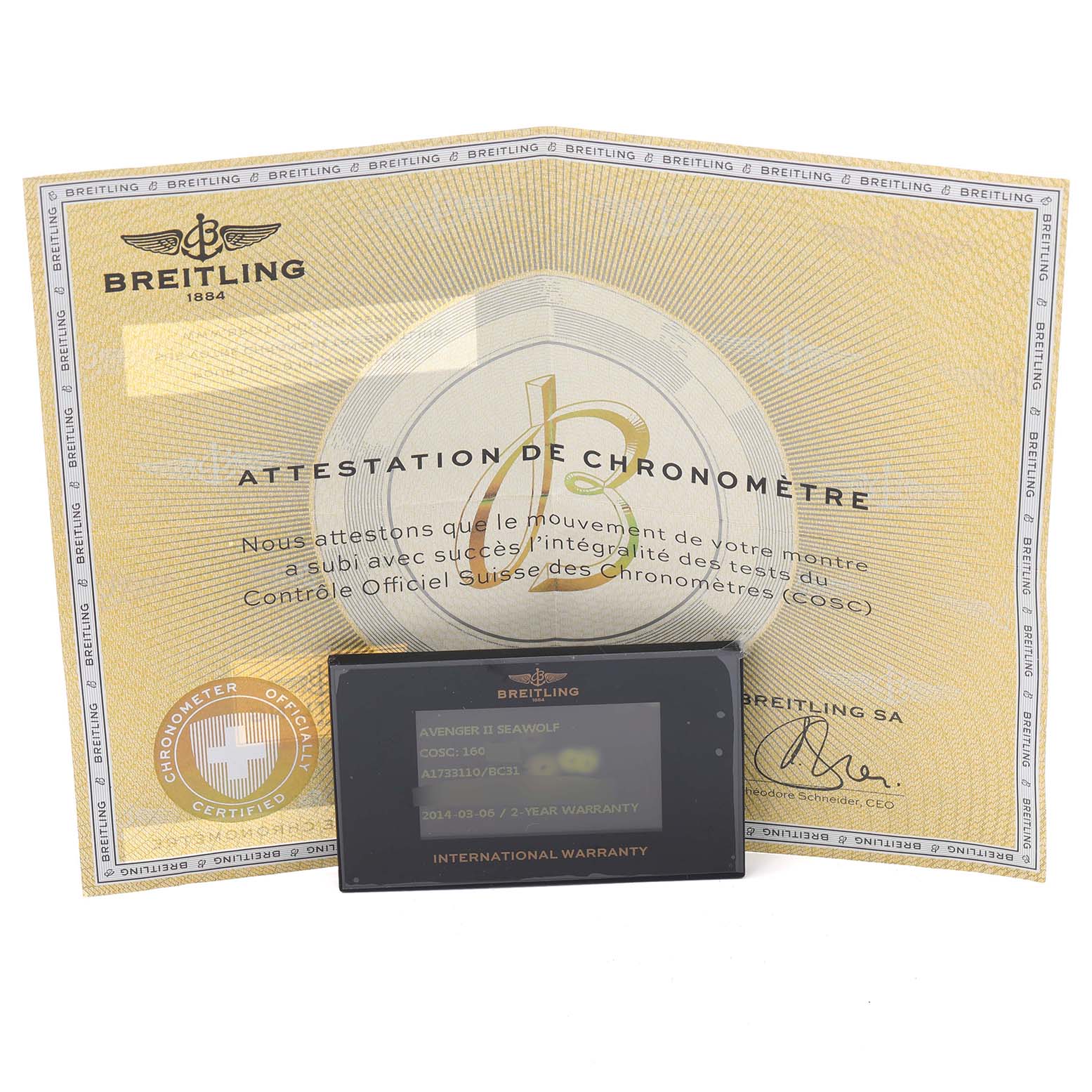 The image shows a Breitling Avenger A1733110/BC31 Men's Stainless Steel Black Dial A1733110/BC31 Men's Stainless Steel Black Dial II Seawolf certificate and an international warranty card placed together.