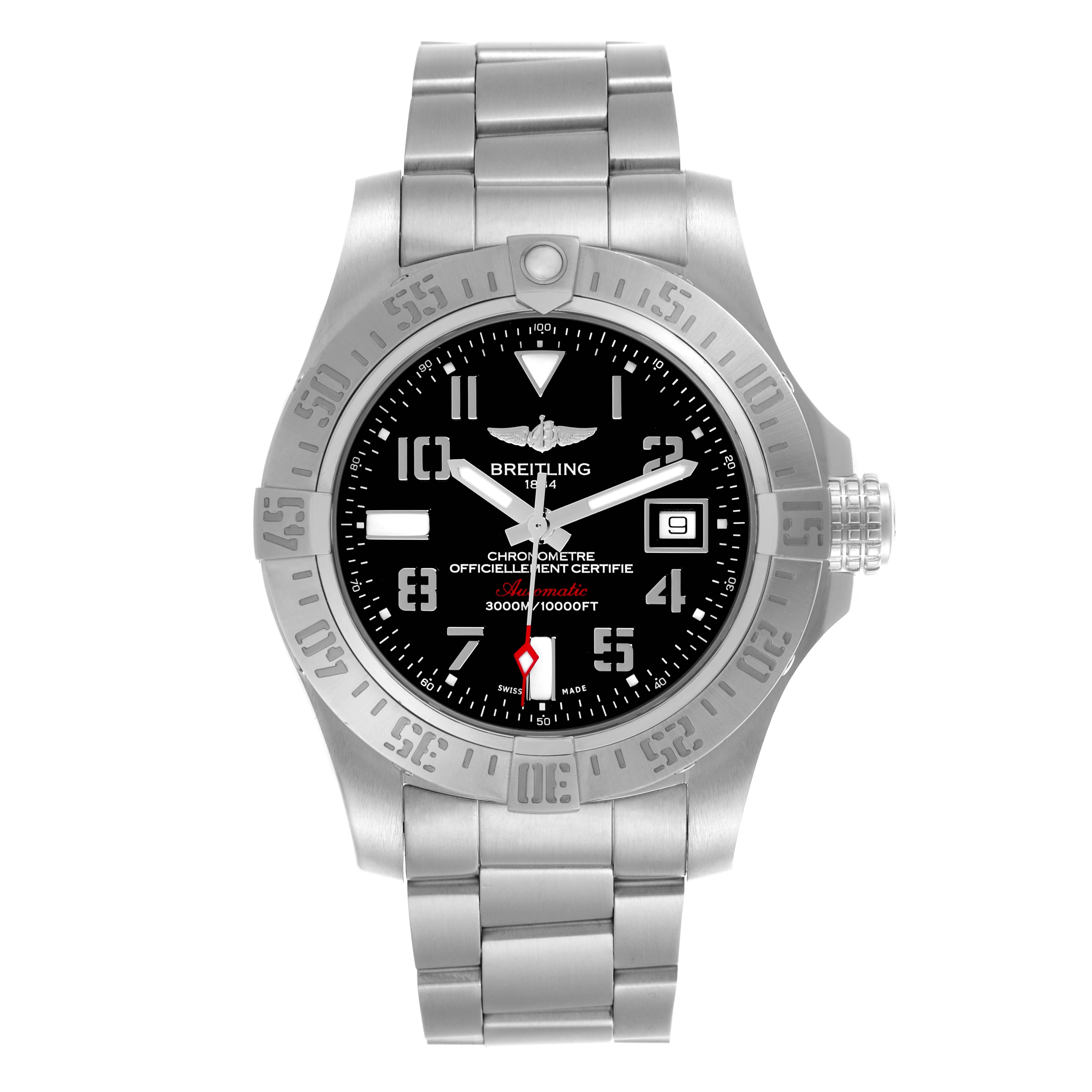 The Breitling Avenger A1733110/BC31 Men's Stainless Steel Black Dial A1733110/BC31 Men's Stainless Steel Black Dial watch is shown from the front, displaying the face, bezel, and bracelet.