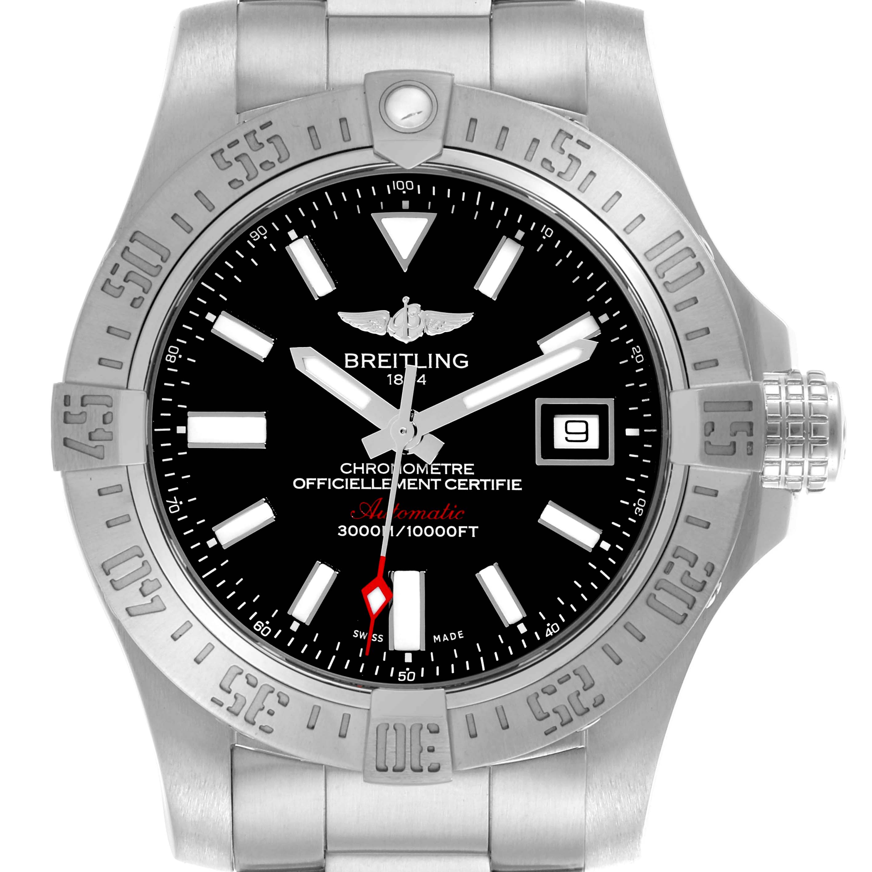 The Breitling Avenger A17331 Men's Stainless Steel Black Dial A17331 Men's Stainless Steel Black Dial watch is shown from a top view displaying its face, bezel, crown, and part of the bracelet.