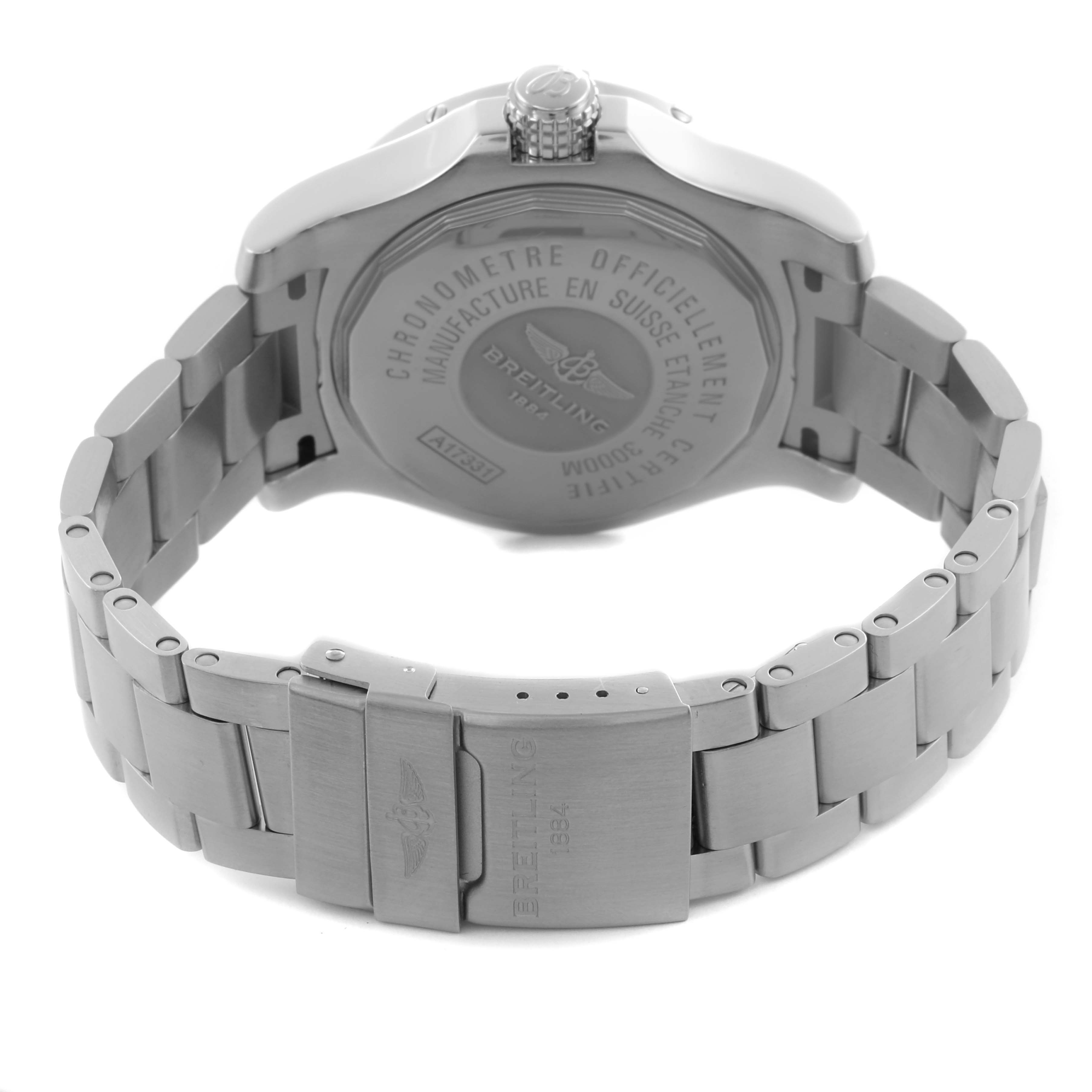 The Breitling Avenger A17331 Men's Stainless Steel Black Dial A17331 Men's Stainless Steel Black Dial watch is shown from the back, displaying the case back and part of the stainless steel bracelet.