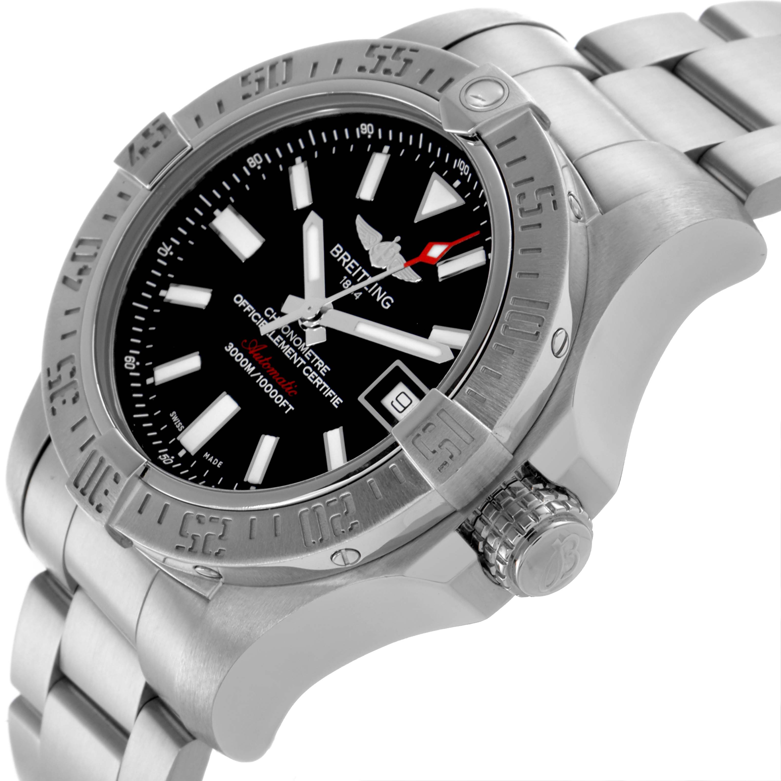 The image shows a Breitling Avenger A17331 Men's Stainless Steel Black Dial A17331 Men's Stainless Steel Black Dial watch at a three-quarter view, highlighting the bezel, dial, crown, and bracelet.