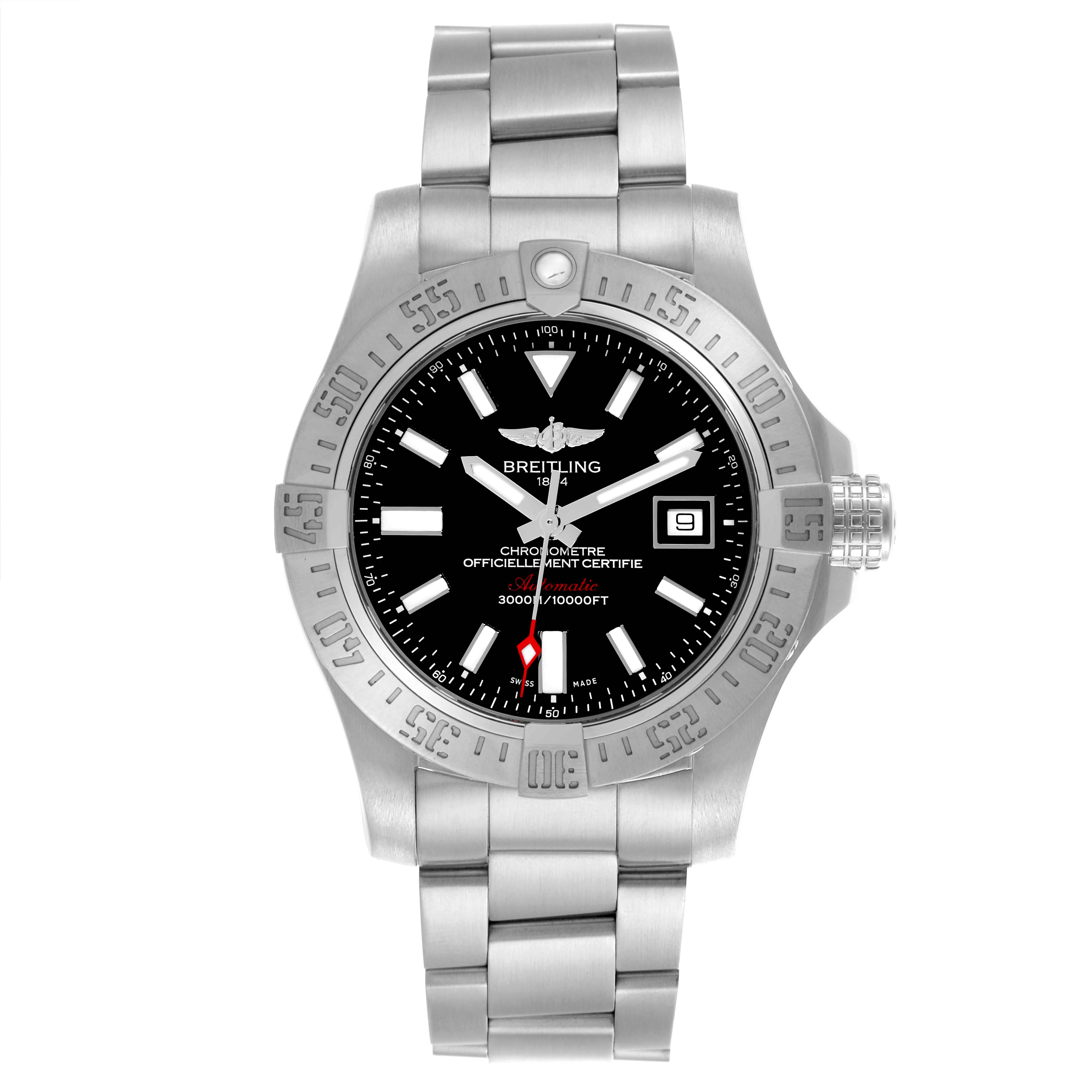 The Breitling Avenger A17331 Men's Stainless Steel Black Dial A17331 Men's Stainless Steel Black Dial watch is shown from a front view, displaying the bezel, dial, hands, and bracelet.