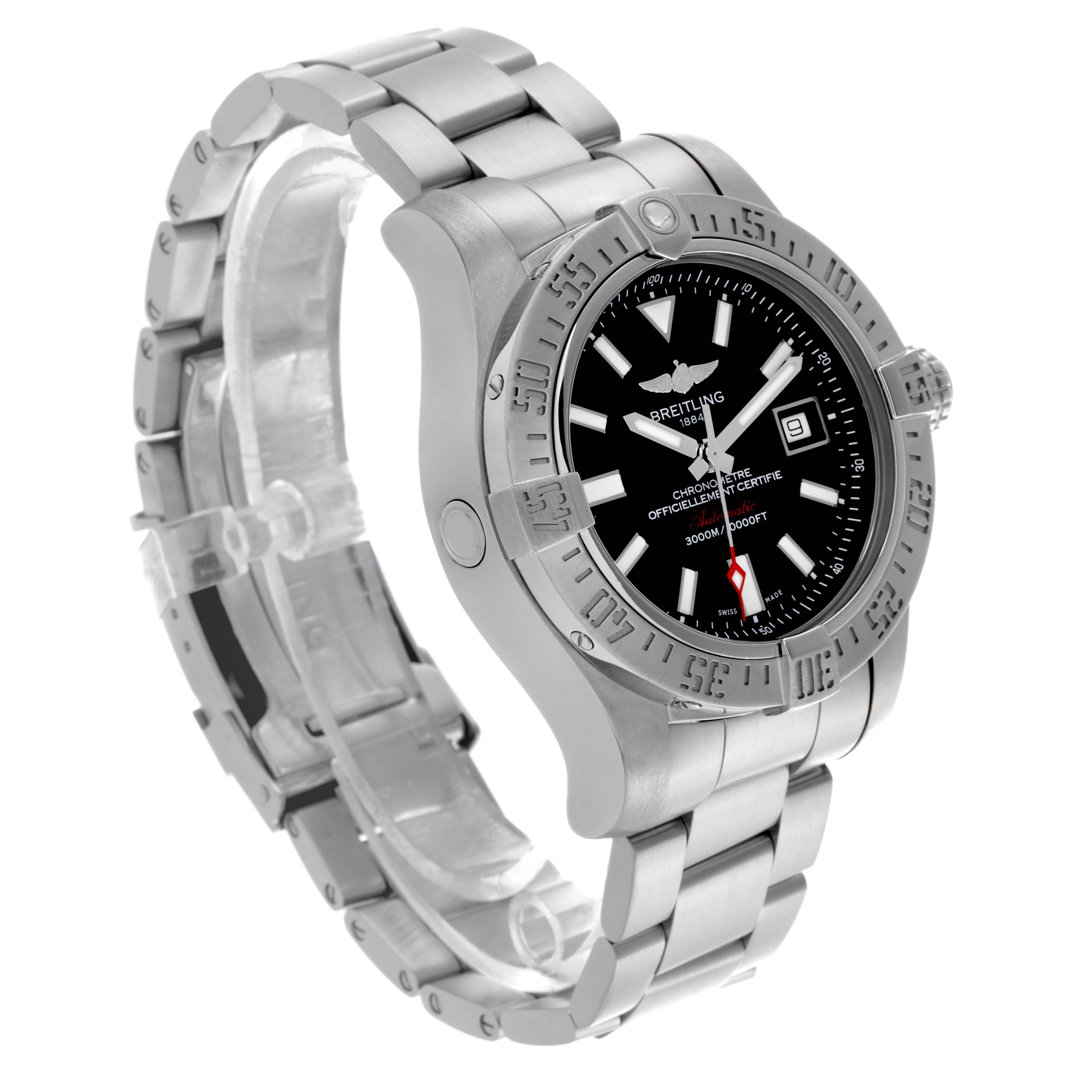 The image shows a side angle of the Breitling Avenger A17331 Men's Stainless Steel Black Dial A17331 Men's Stainless Steel Black Dial watch, highlighting the bezel, dial, and part of the steel bracelet.