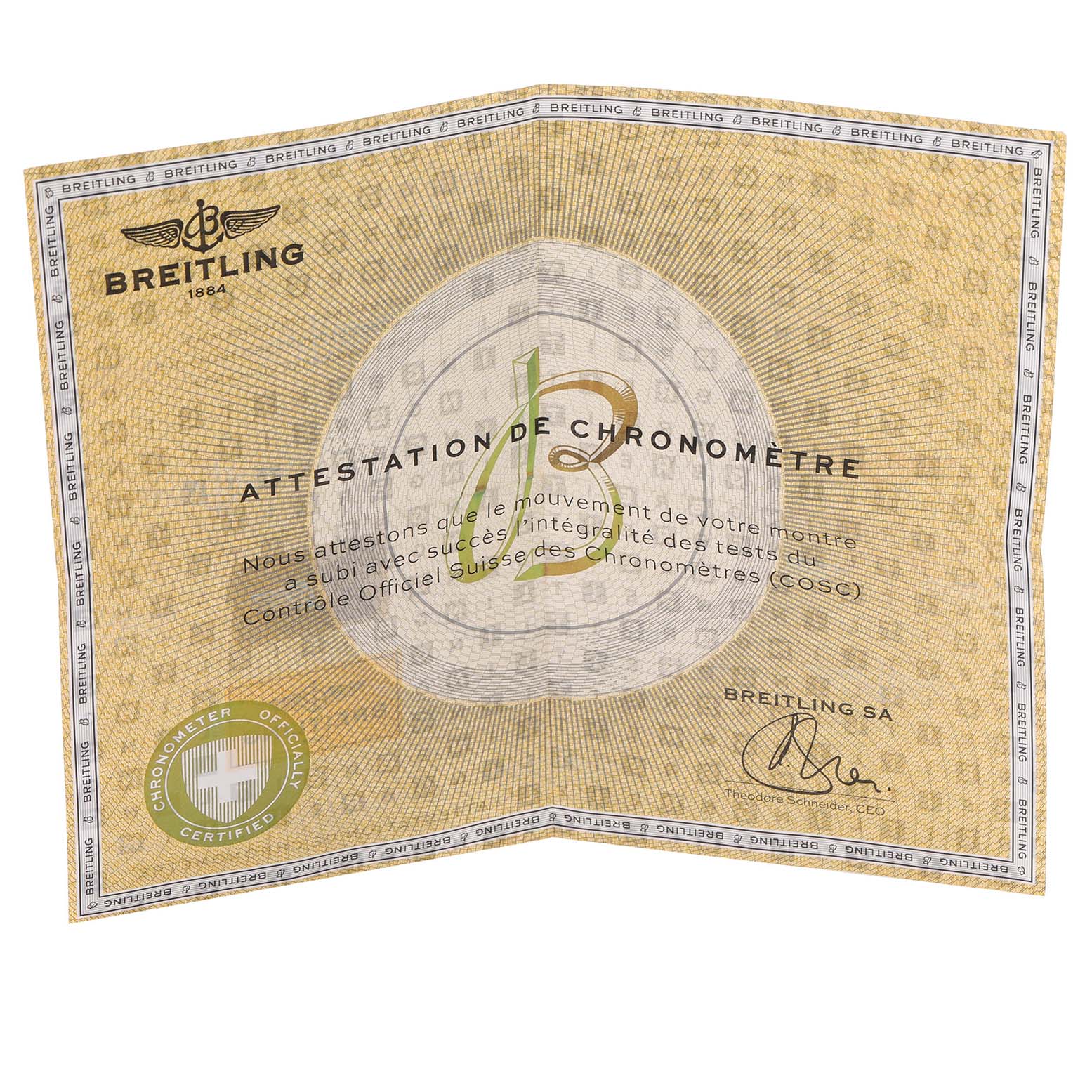 The image shows a COSC certificate for a Breitling Avenger A17331 Men's Stainless Steel Black Dial A17331 Men's Stainless Steel Black Dial watch, featuring the brand logo and certification details.