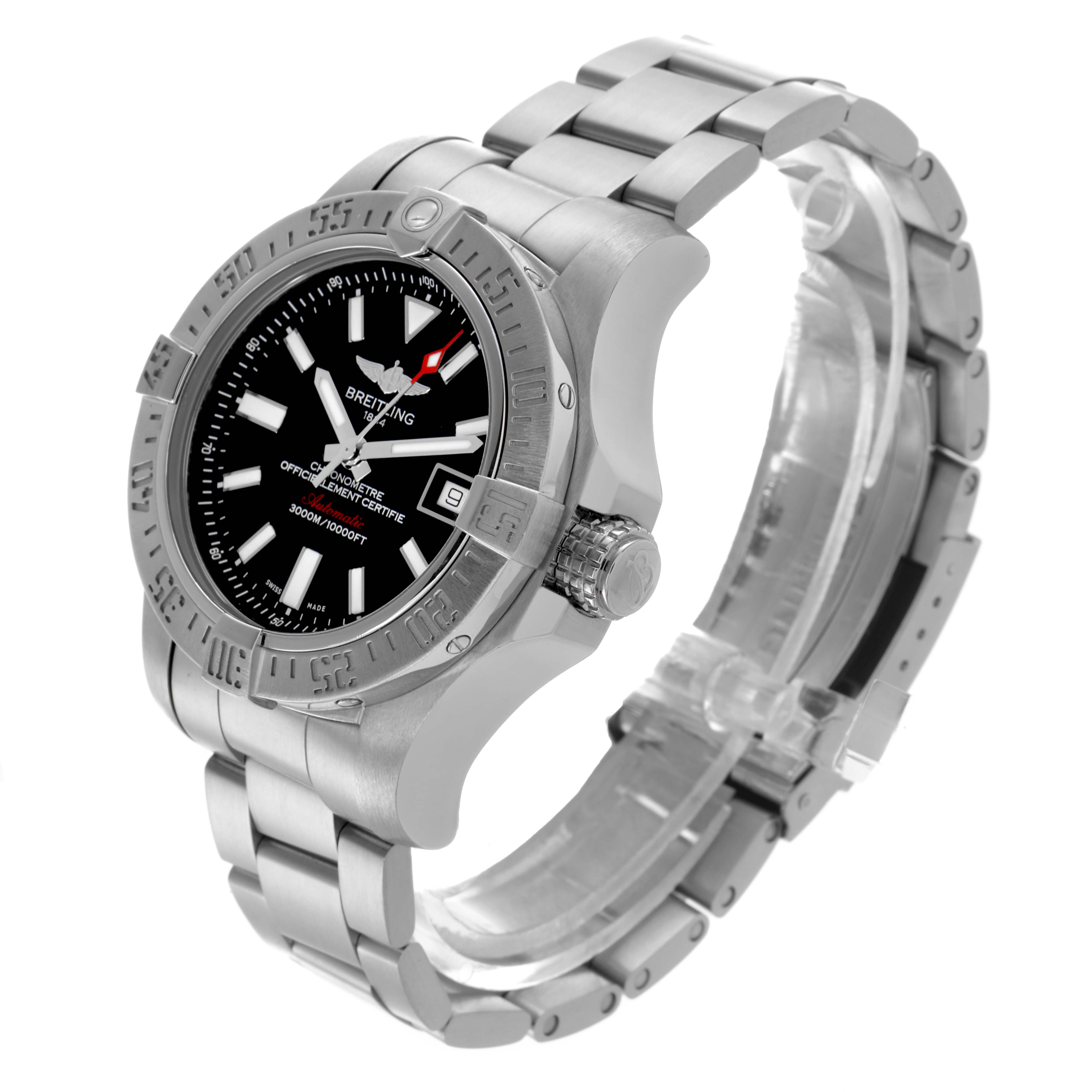 The Breitling Avenger A17331 Men's Stainless Steel Black Dial A17331 Men's Stainless Steel Black Dial watch is shown from a three-quarter angle, highlighting its face, bezel, crown, and stainless steel bracelet.