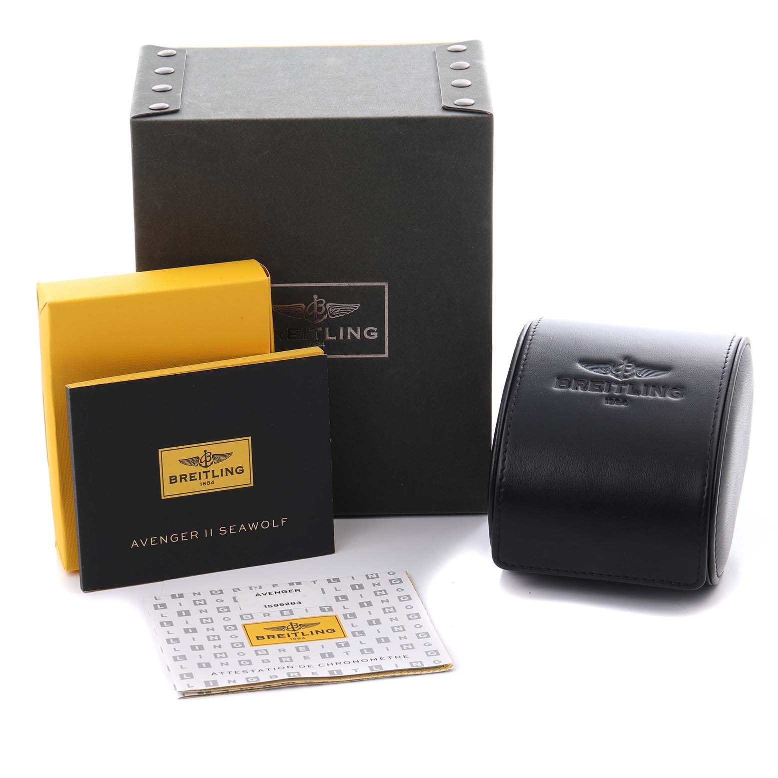 The image shows packaging and accessories for the Breitling Avenger A17331 Men's Stainless Steel Black Dial A17331 Men's Stainless Steel Black Dial model, including boxes, a case, and documentation from a frontal angle.