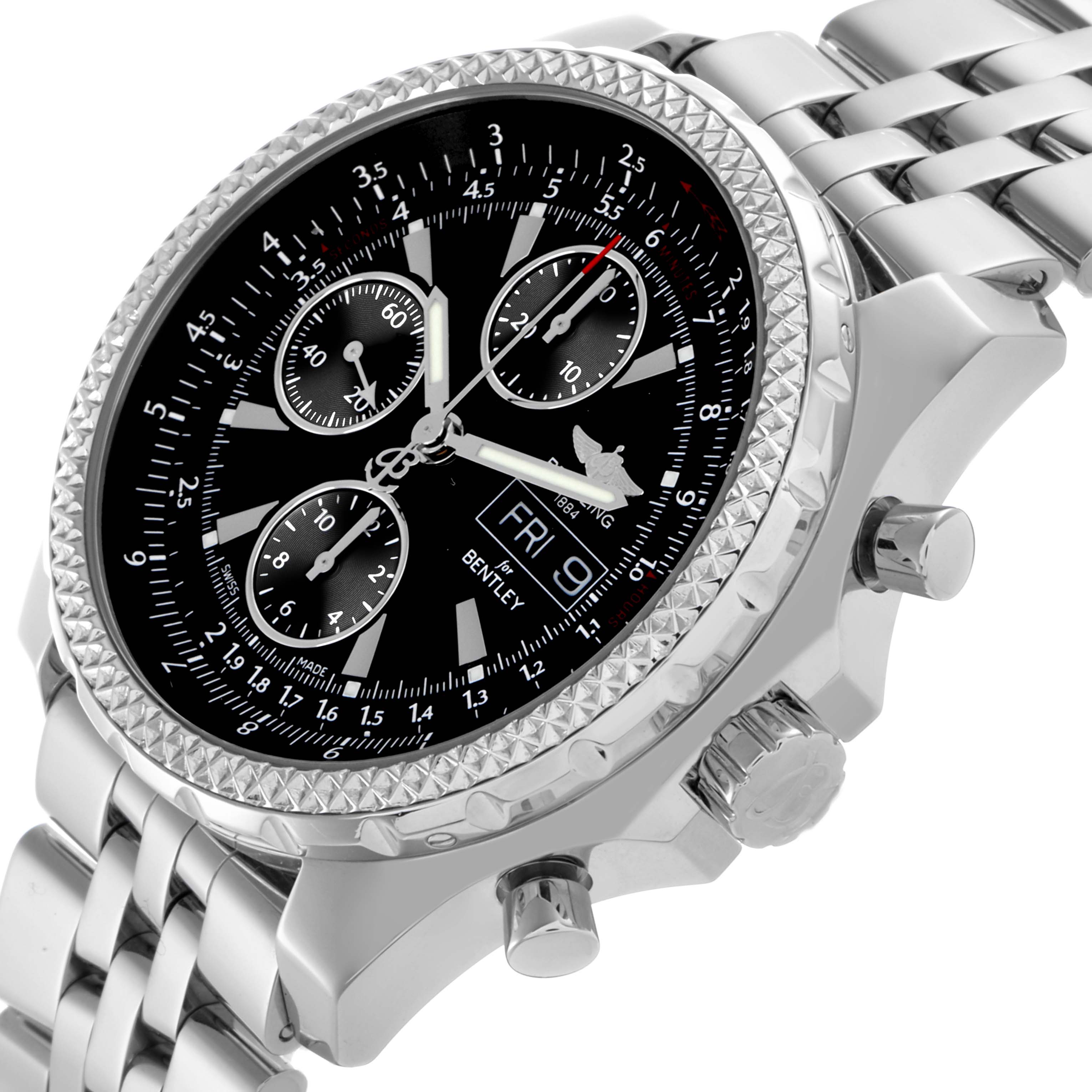 The Breitling Bentley A13362 Men's Stainless Steel Black Dial A13362 Men's Stainless Steel Black Dial watch is shown at a slight angle, highlighting the face, bezel, crown, and part of the bracelet.