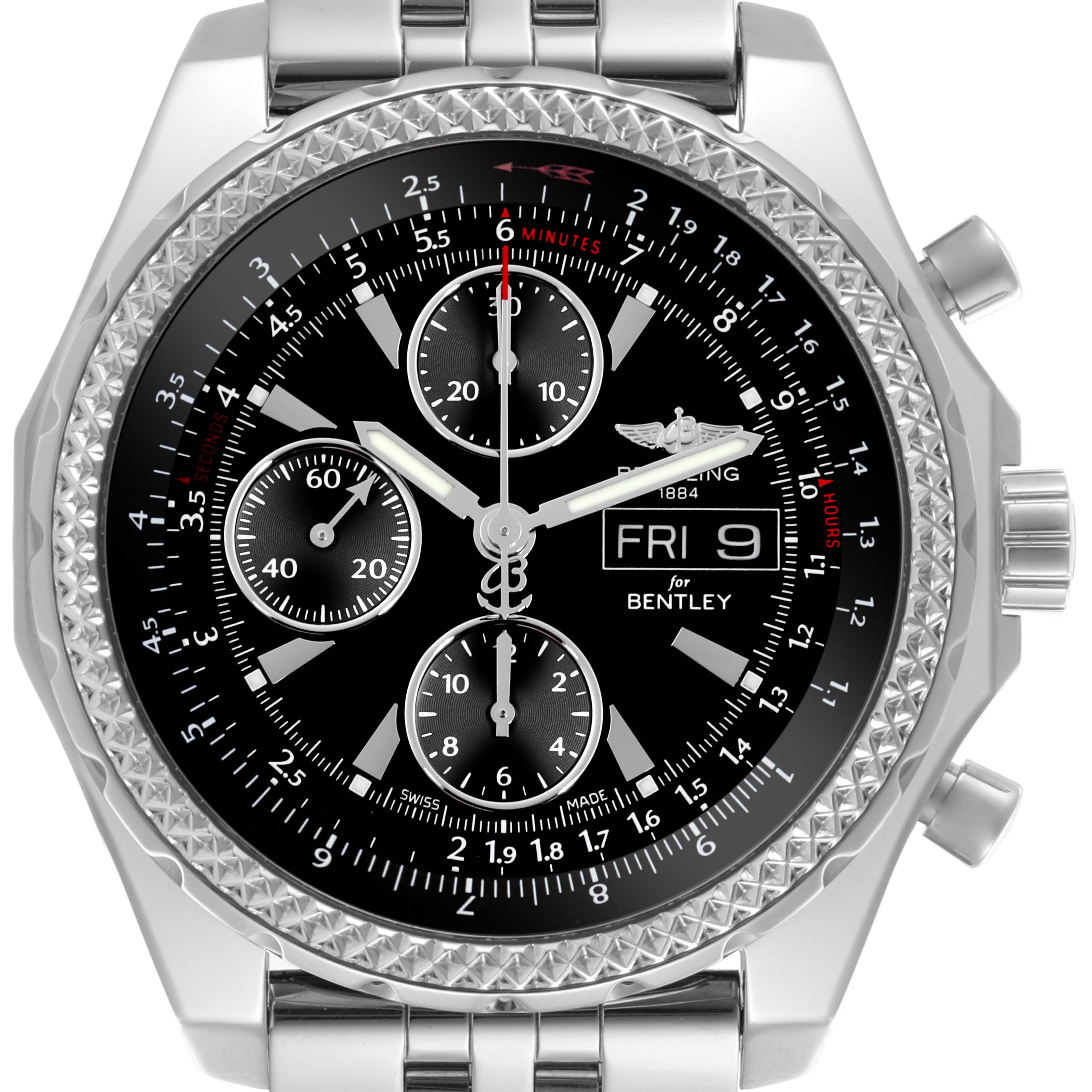 The image shows a front view of the Breitling Bentley A13362 Men's Stainless Steel Black Dial A13362 Men's Stainless Steel Black Dial watch, highlighting its dial, bezel, and chronograph subdials.