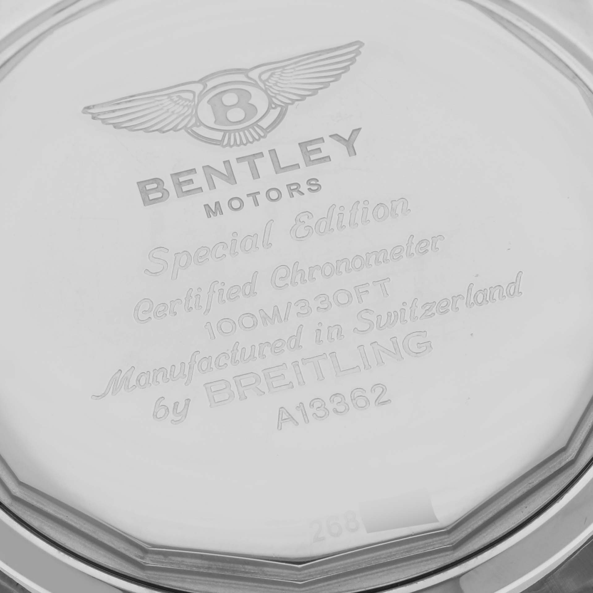 The image shows the back of a Breitling Bentley A13362 Men's Stainless Steel Black Dial A13362 Men's Stainless Steel Black Dial watch with engraved details.