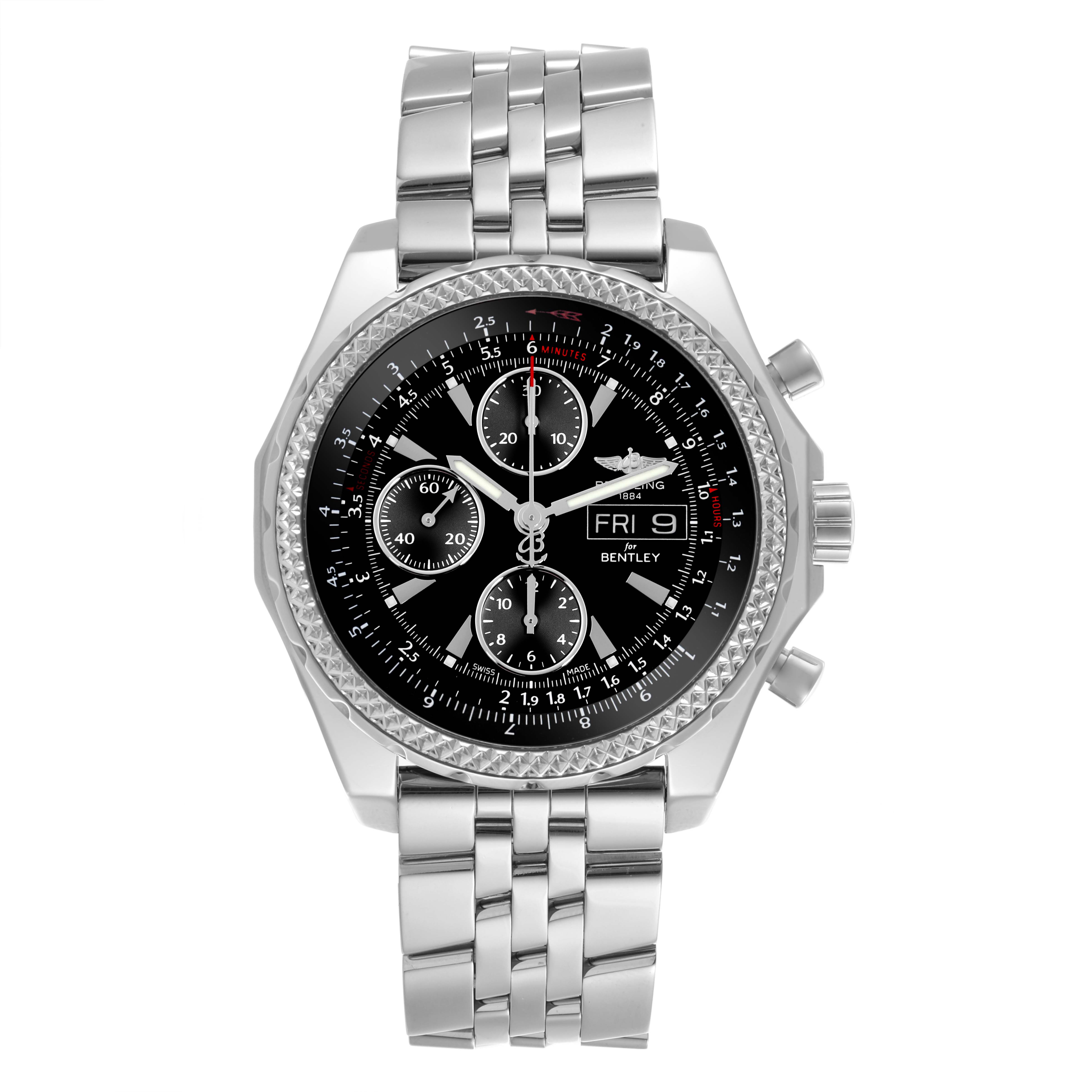 The Breitling Bentley A13362 Men's Stainless Steel Black Dial A13362 Men's Stainless Steel Black Dial watch is shown from the front, featuring a metal bracelet, chronograph dials, and a date display.