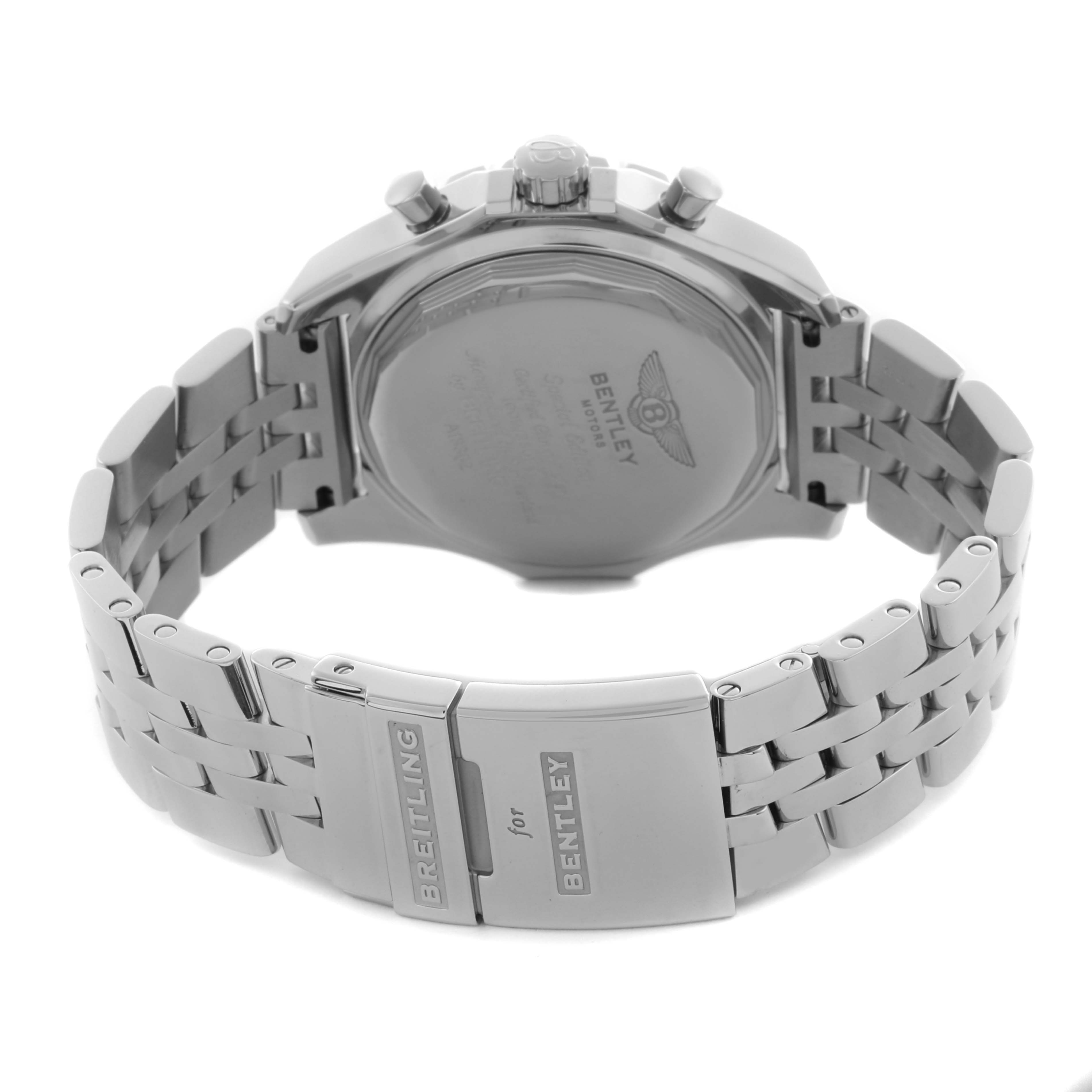 The image shows the back and bracelet of a Breitling Bentley A13362 Men's Stainless Steel Black Dial A13362 Men's Stainless Steel Black Dial watch, focusing on the clasp and case back.