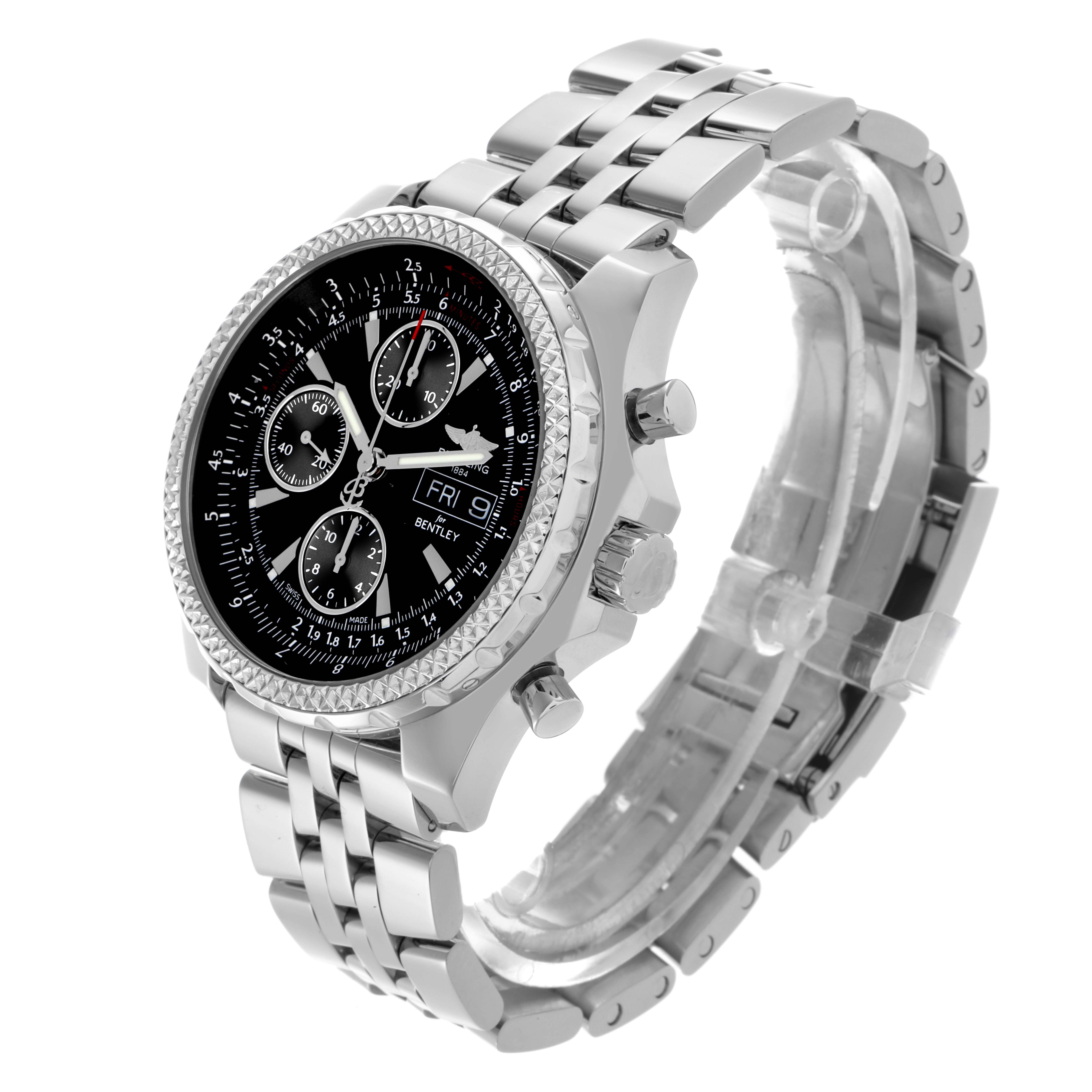 The Breitling Bentley A13362 Men's Stainless Steel Black Dial A13362 Men's Stainless Steel Black Dial watch is shown from a three-quarter angle, displaying the face, bezel, pushers, and bracelet.