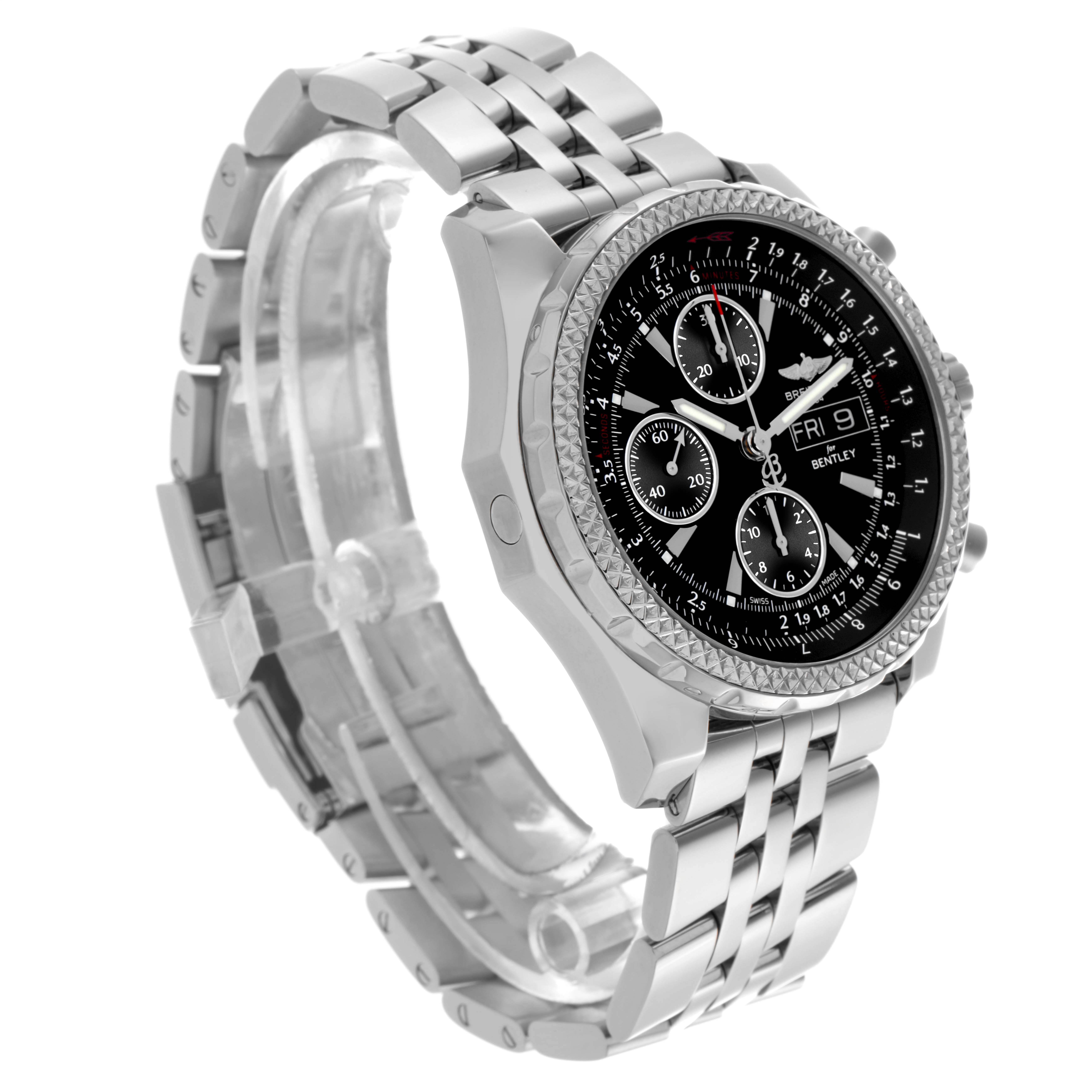 The image shows a Breitling Bentley A13362 Men's Stainless Steel Black Dial A13362 Men's Stainless Steel Black Dial watch at a three-quarter angle, highlighting the face, bezel, and metallic bracelet.